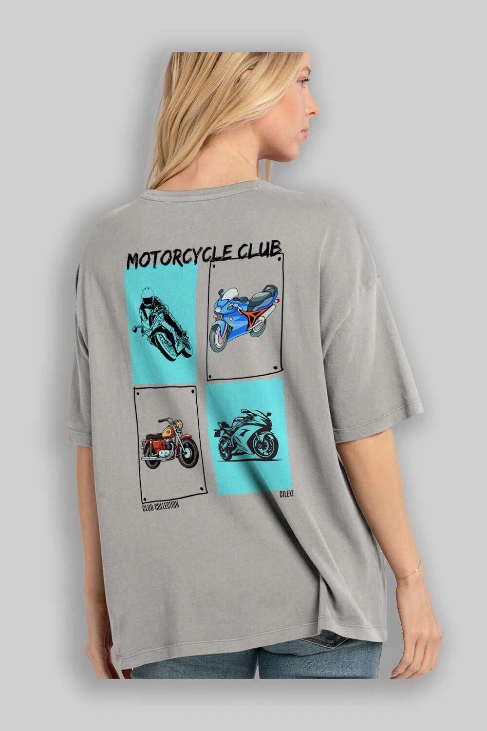 Motorcycle Club Arka Baskılı Oversize t-shirt Erkek Kadın %100 Pamuk Bisiklet Yaka tişort
