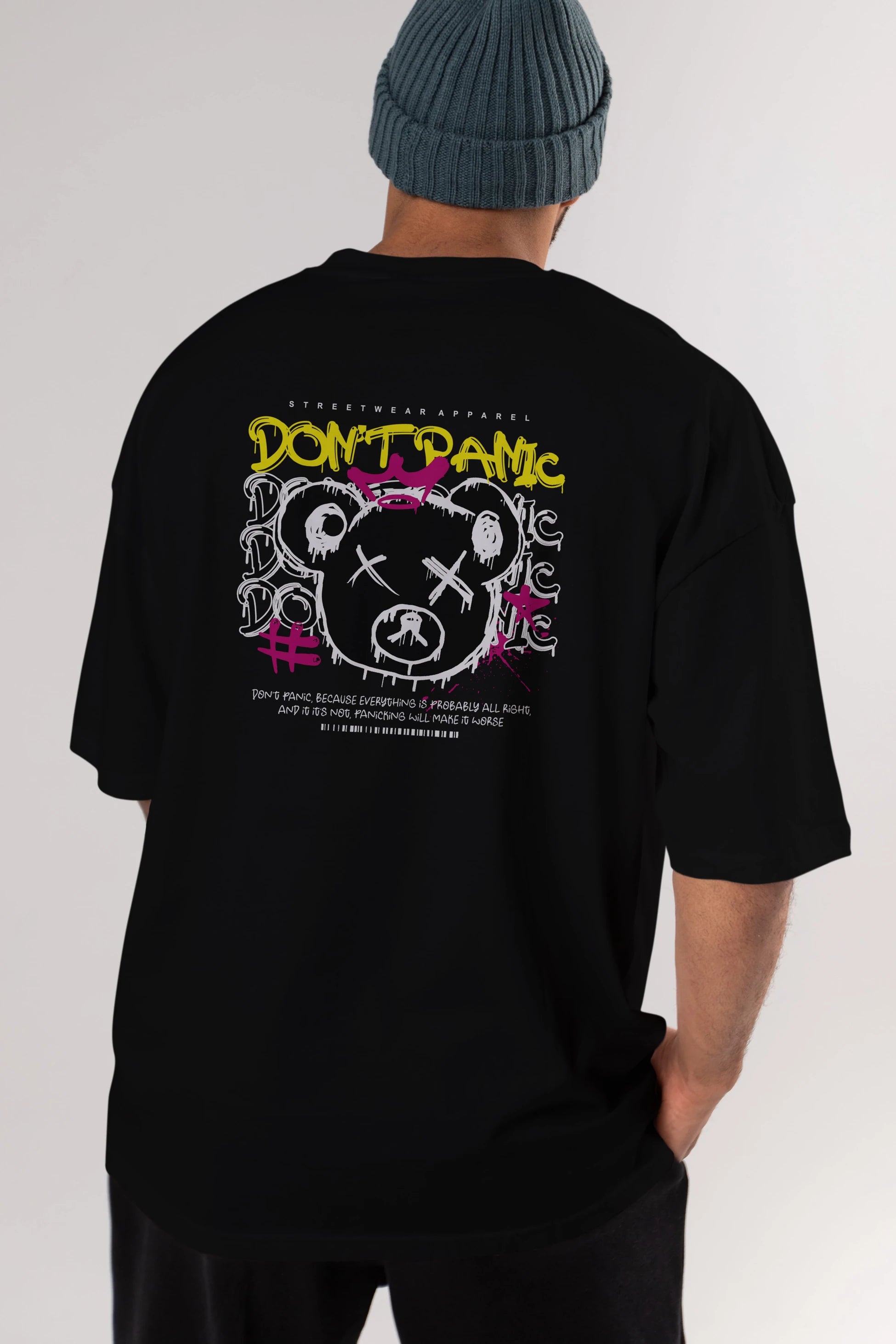 Teddy Bear Dont Panic Arka Baskılı Oversize t-shirt Erkek Kadın Unisex