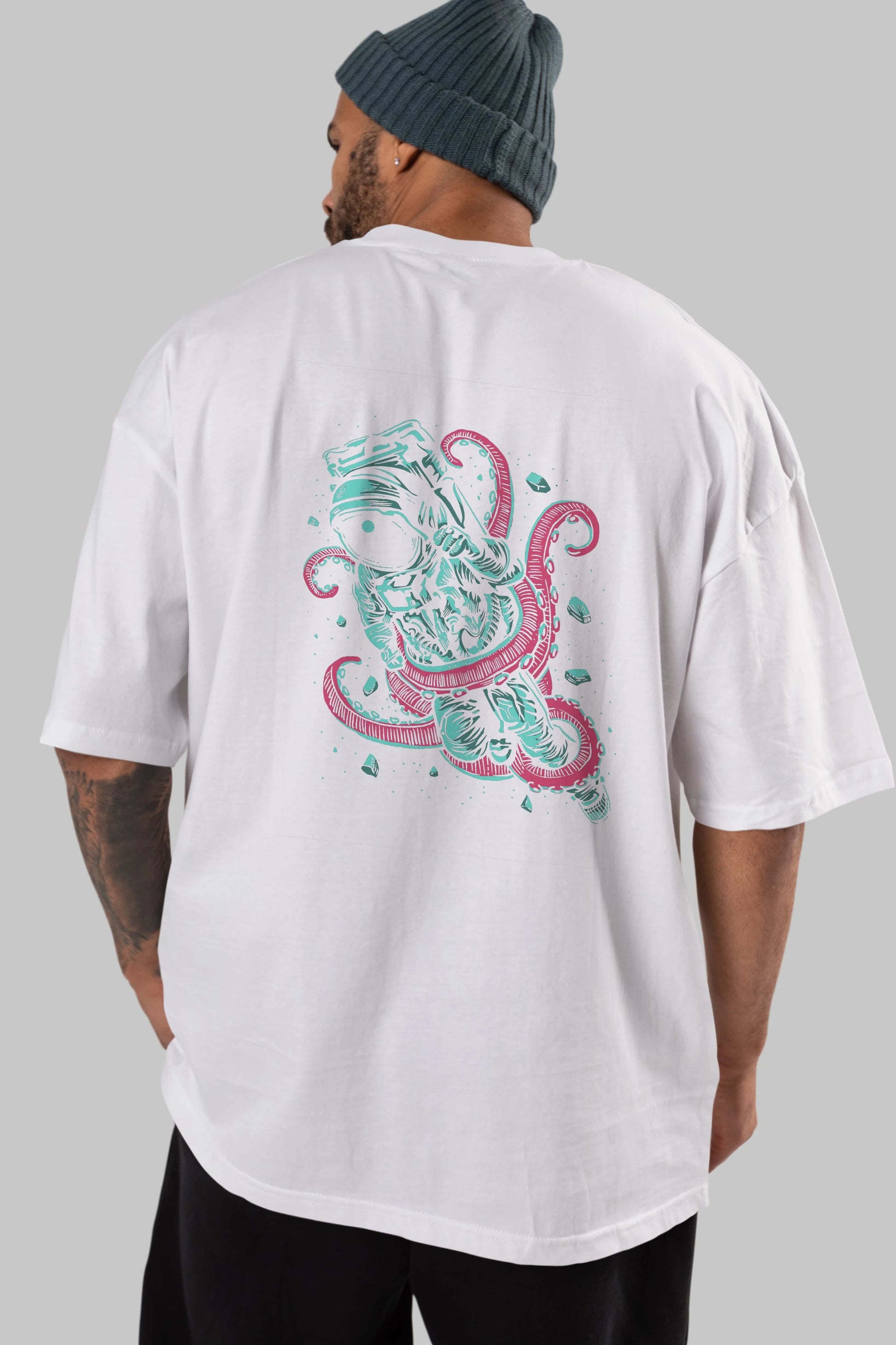 Astronaut Octopus Arka Baskılı Oversize t-shirt Erkek Kadın Unisex %100 Pamuk