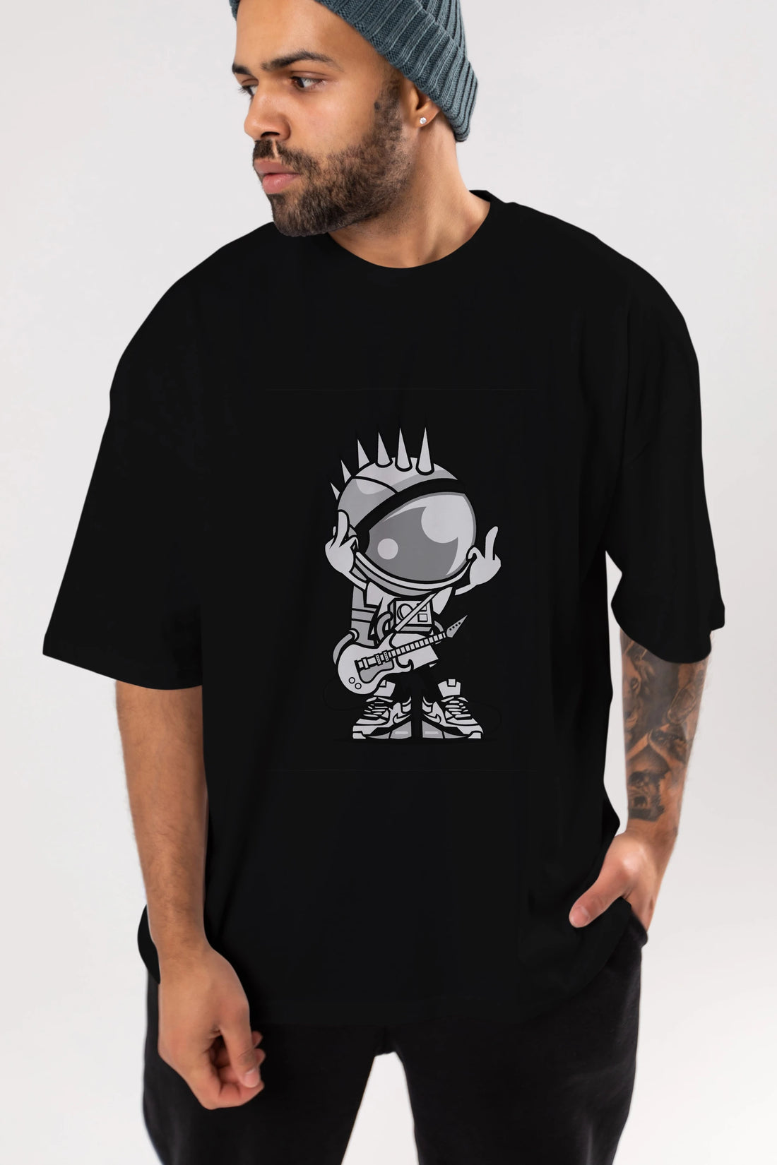 Astronaut Punk Rock Ön Baskılı Oversize t-shirt Erkek Kadın Unisex %100 Pamuk tişort