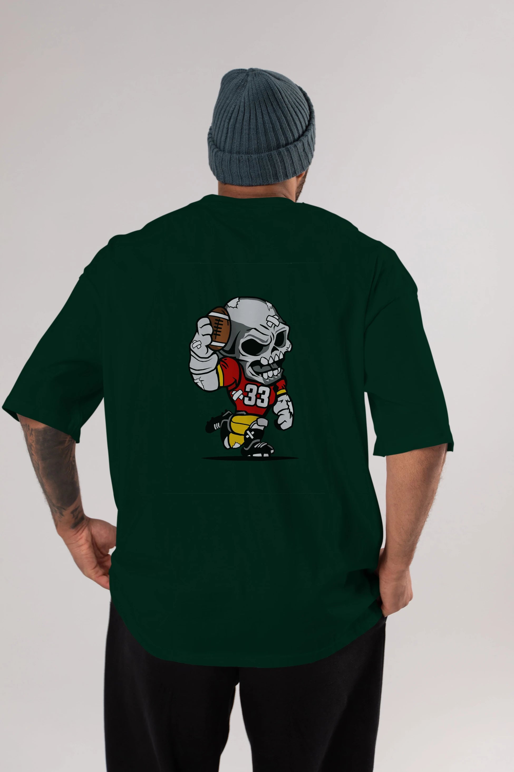 Skull Football Player Arka Baskılı Oversize t-shirt Erkek Kadın Unisex %100 Pamuk tişort