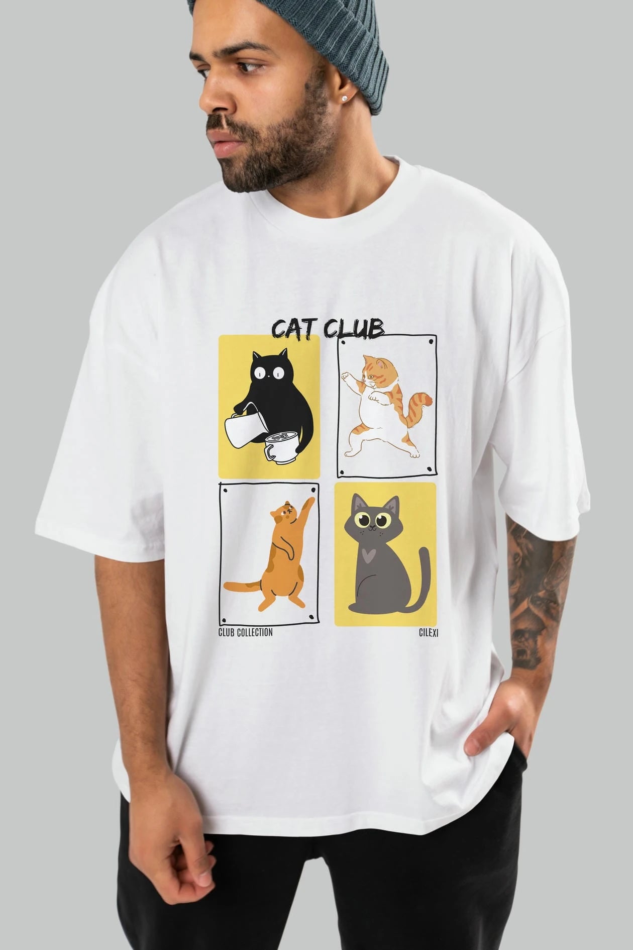 Cat Club ön Baskılı Oversize t-shirt Erkek Kadın %100 Pamuk Bisiklet Yaka tişort