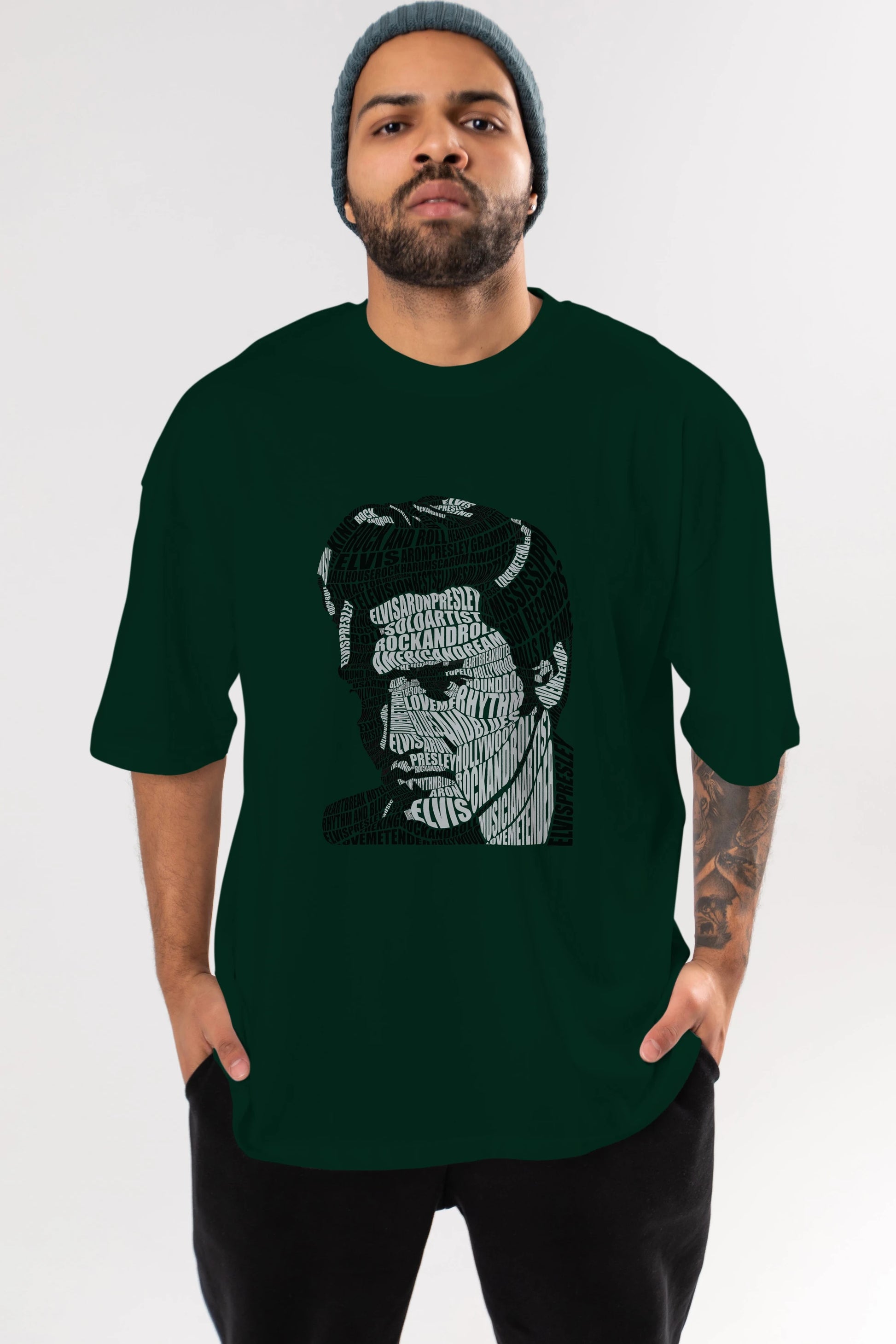 Elvis Presley Calligram Ön Baskılı Oversize t-shirt %100 pamuk Erkek Kadın Unisex