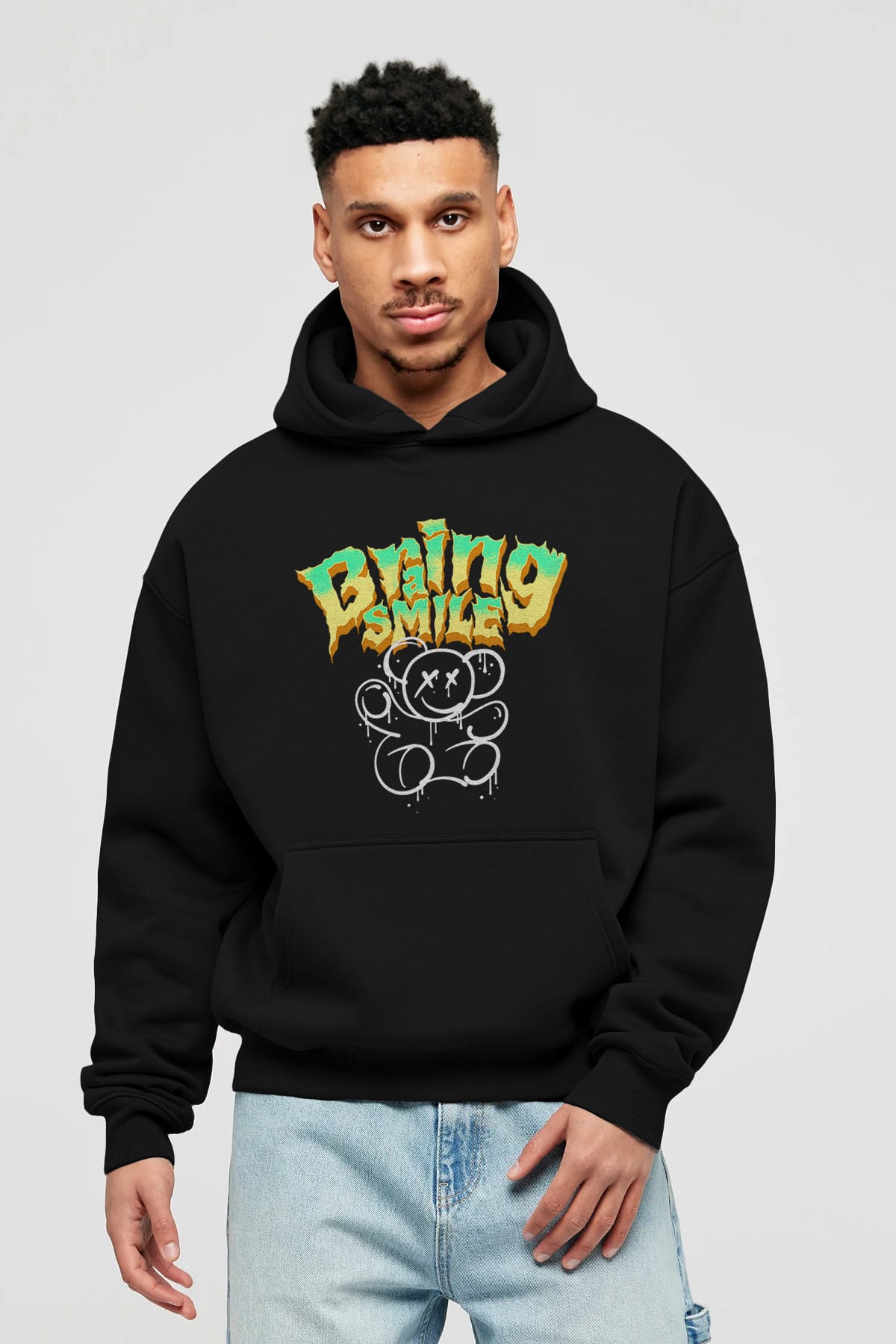 Teddy Bear Braing Smile Ön Baskılı Hoodie Oversize Kapüşonlu Sweatshirt Erkek Kadın Unisex