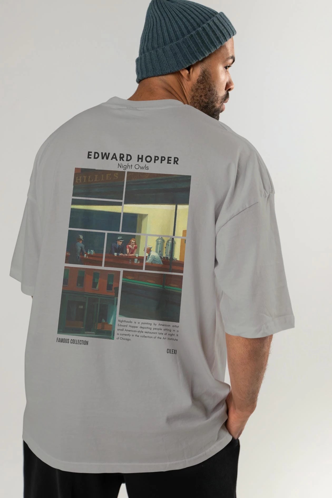 Edward Hopper Night Owls Arka Baskılı Oversize t-shirt Erkek Kadın Bisiklet Yaka Pamuk tişort