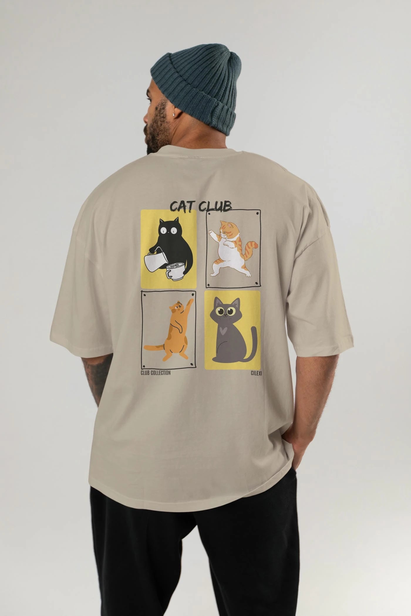 Cat Club Arka Baskılı Oversize t-shirt Erkek Kadın %100 Pamuk Bisiklet Yaka tişort