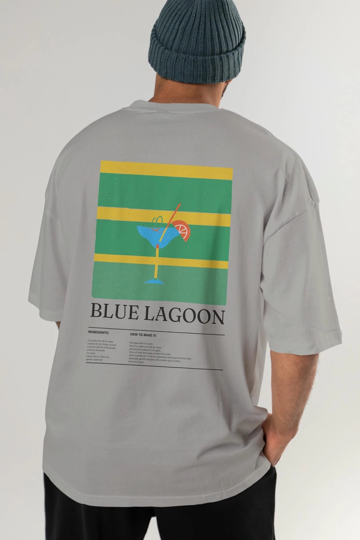 Blue Lagoon Kokteyl Serisi Arka Baskılı Oversize t-shirt Erkek Kadın %100 Pamuk Bisiklet Yaka tişort