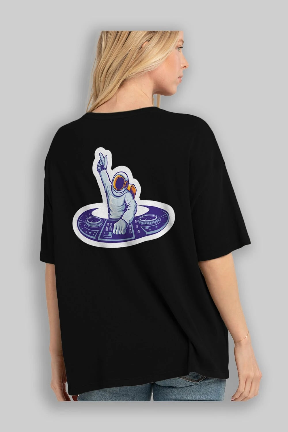 Astronaut Disk Jockey Party Sticker Arka Baskılı Oversize t-shirt Erkek Kadın Unisex