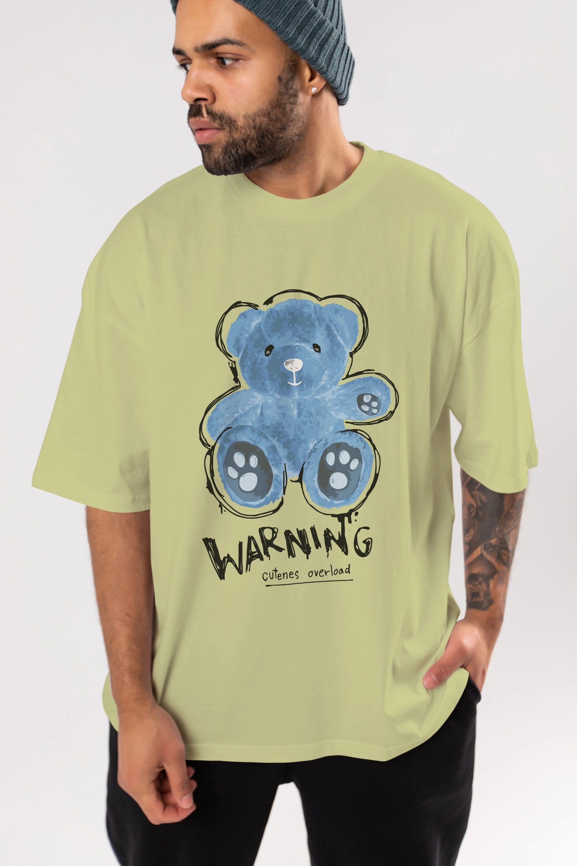 Warning Cuteness Bear Ön Baskılı Oversize t-shirt Erkek Kadın Unisex
