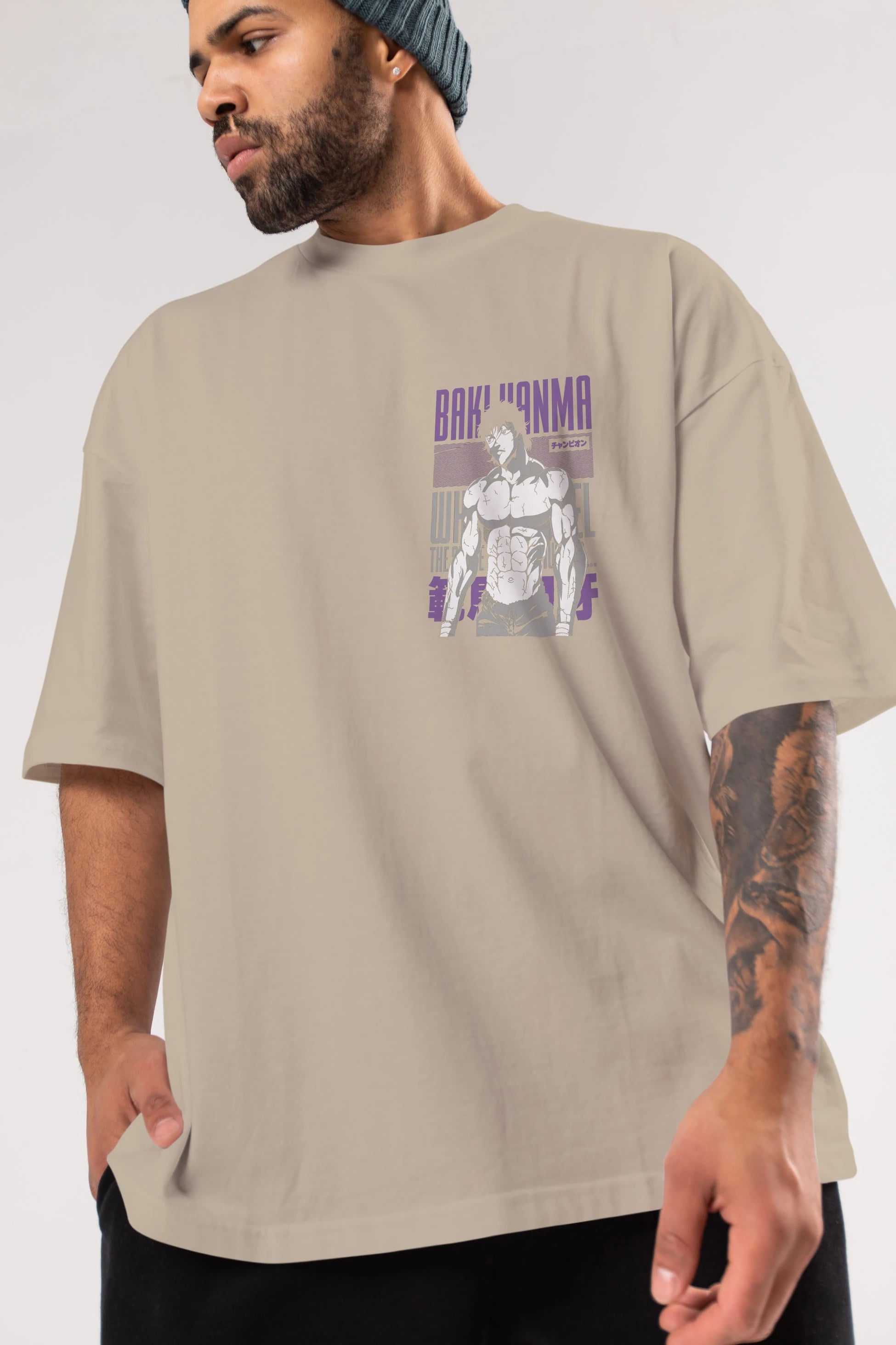 BAKI HANMA (2) Ön Sol Baskılı Oversize t-shirt Erkek Kadın Unisex %100 Pamuk Bisiklet Yaka tişort