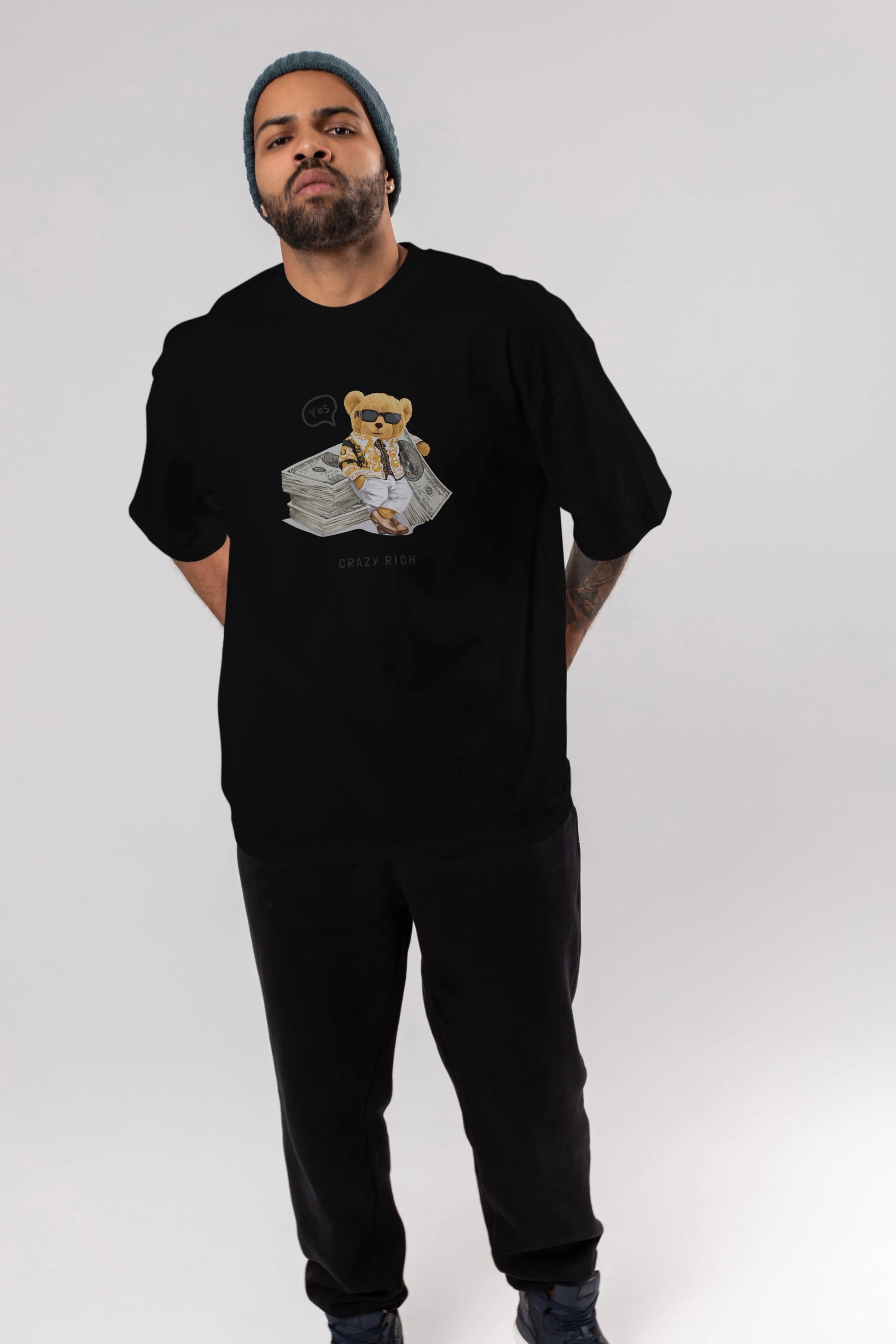 Teddy Bear Crazy Rich Ön Baskılı Oversize t-shirt Erkek Kadın Unisex %100 Pamuk