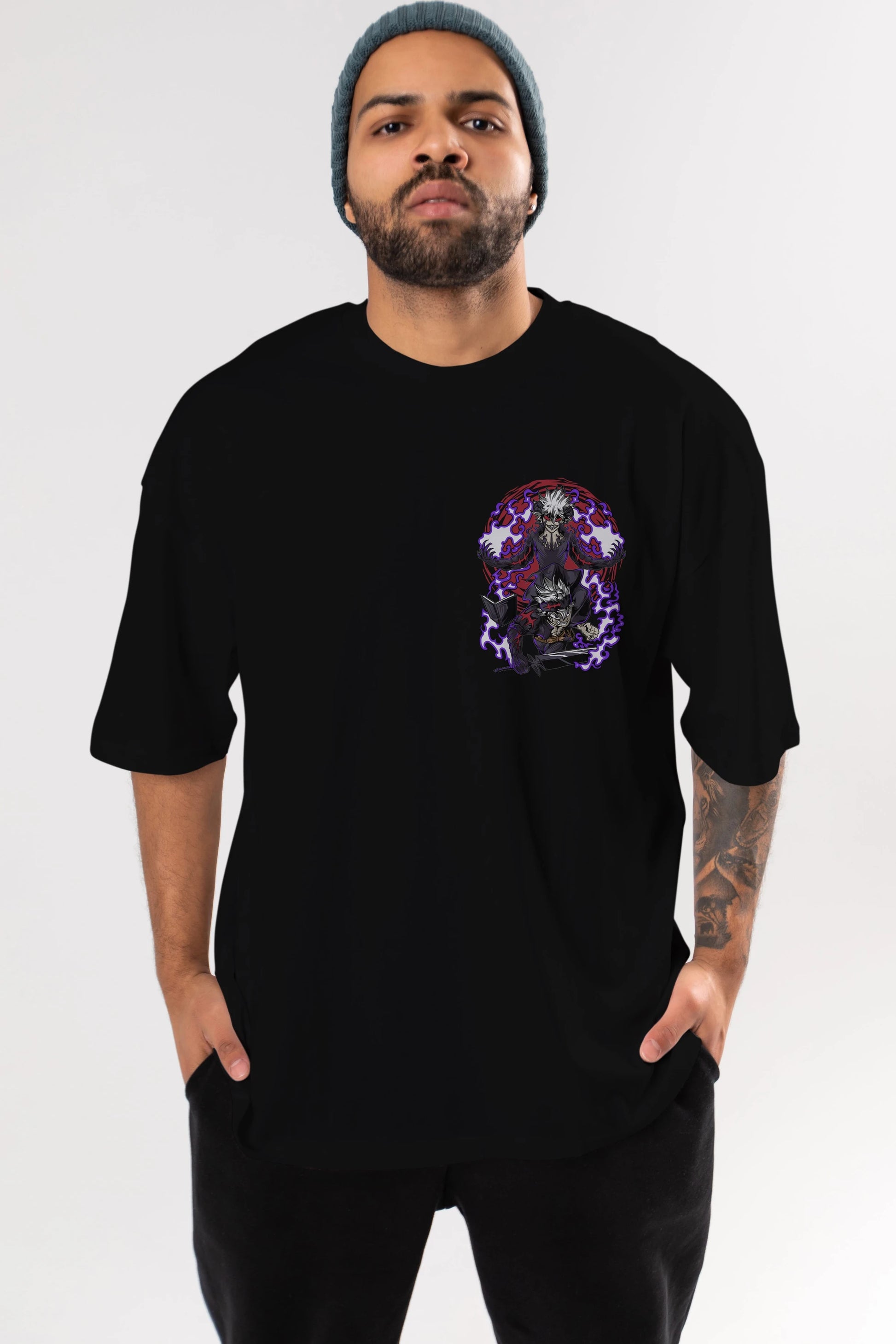 BLACK CLOVER DEVIL UNION Ön Sol Baskılı Oversize t-shirt Erkek Kadın Unisex %100 Pamuk Bisiklet Yaka tişort