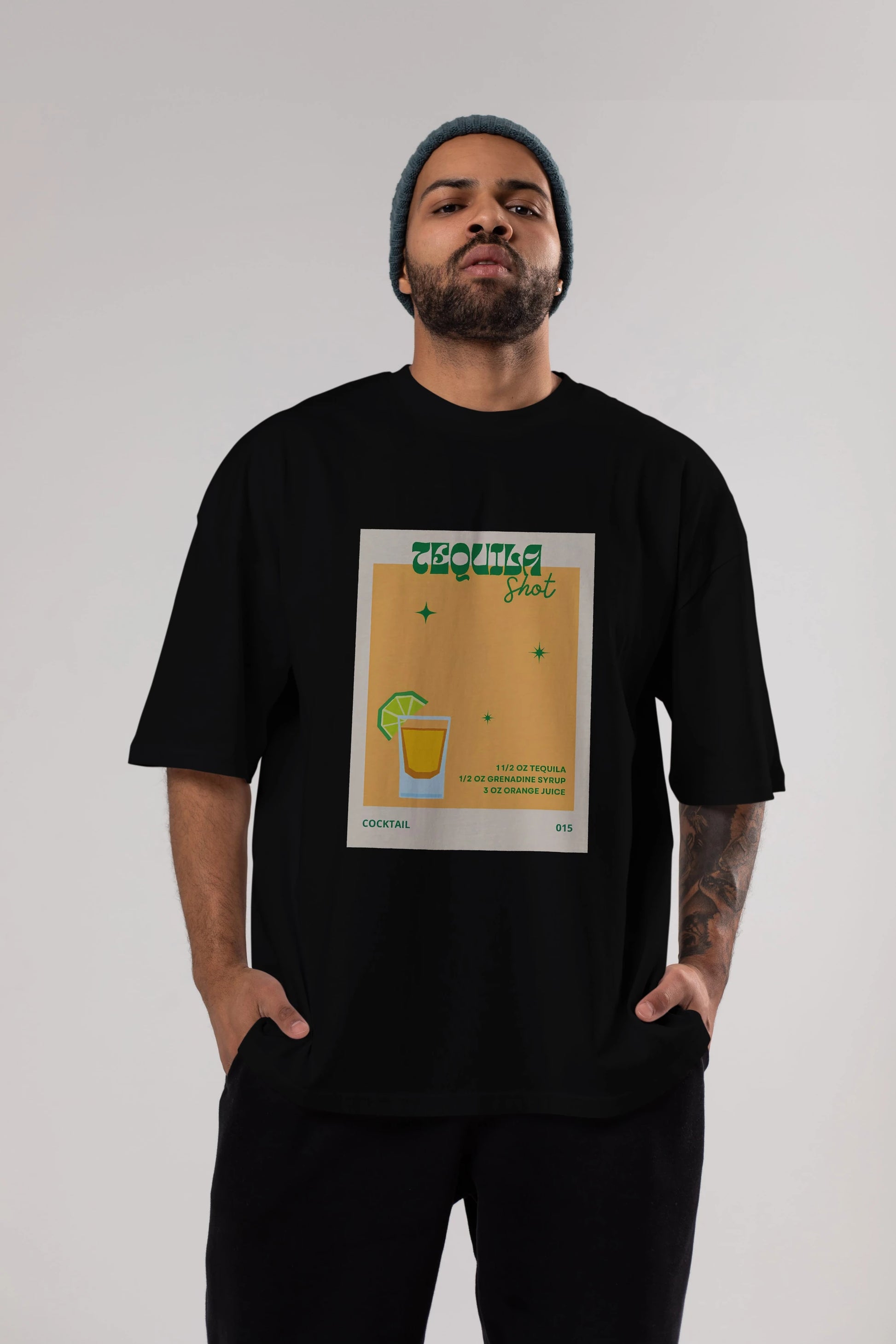 Tequila Shot 2 Ön Baskılı Oversize t-shirt Erkek Kadın Unisex %100 Pamuk Bisiklet Yaka tişort