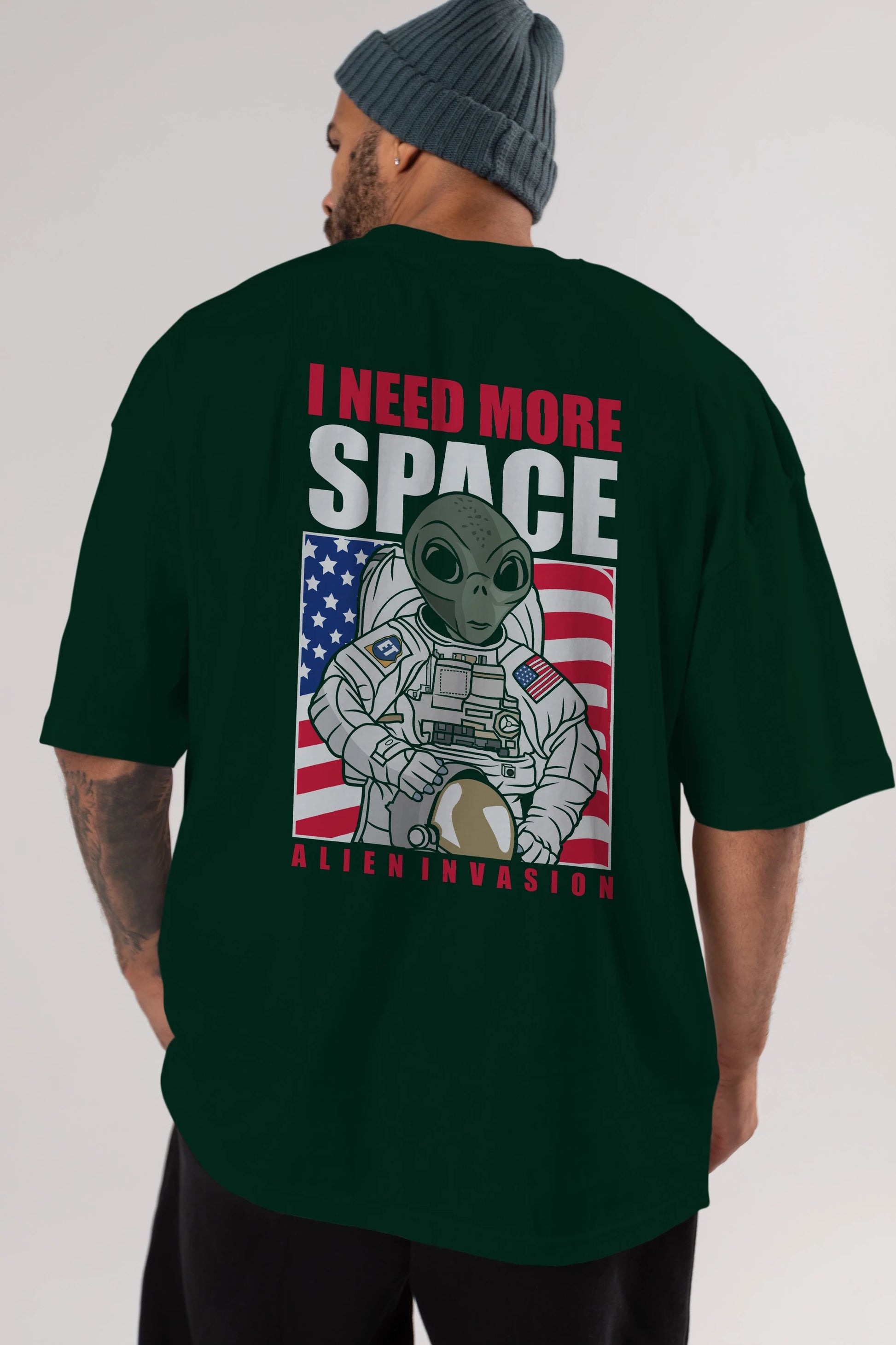 Alien Astronaut Arka Baskılı Oversize t-shirt Erkek Kadın Unisex %100 Pamuk tişort