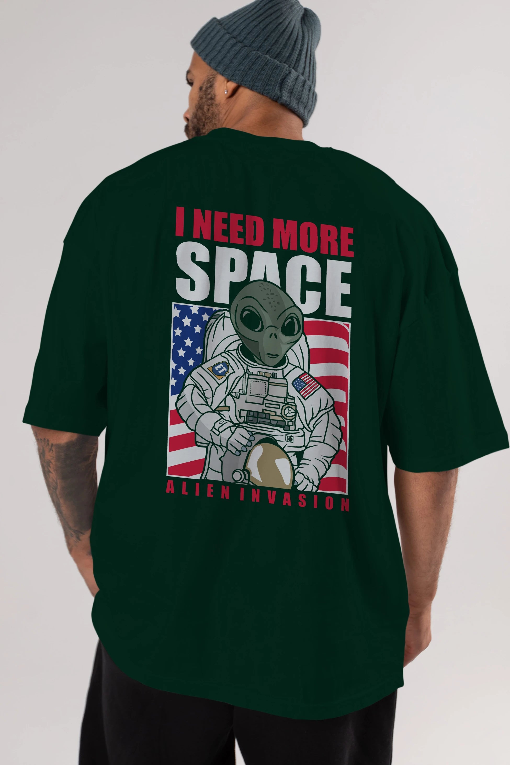 Alien Astronaut Arka Baskılı Oversize t-shirt Erkek Kadın Unisex %100 Pamuk tişort