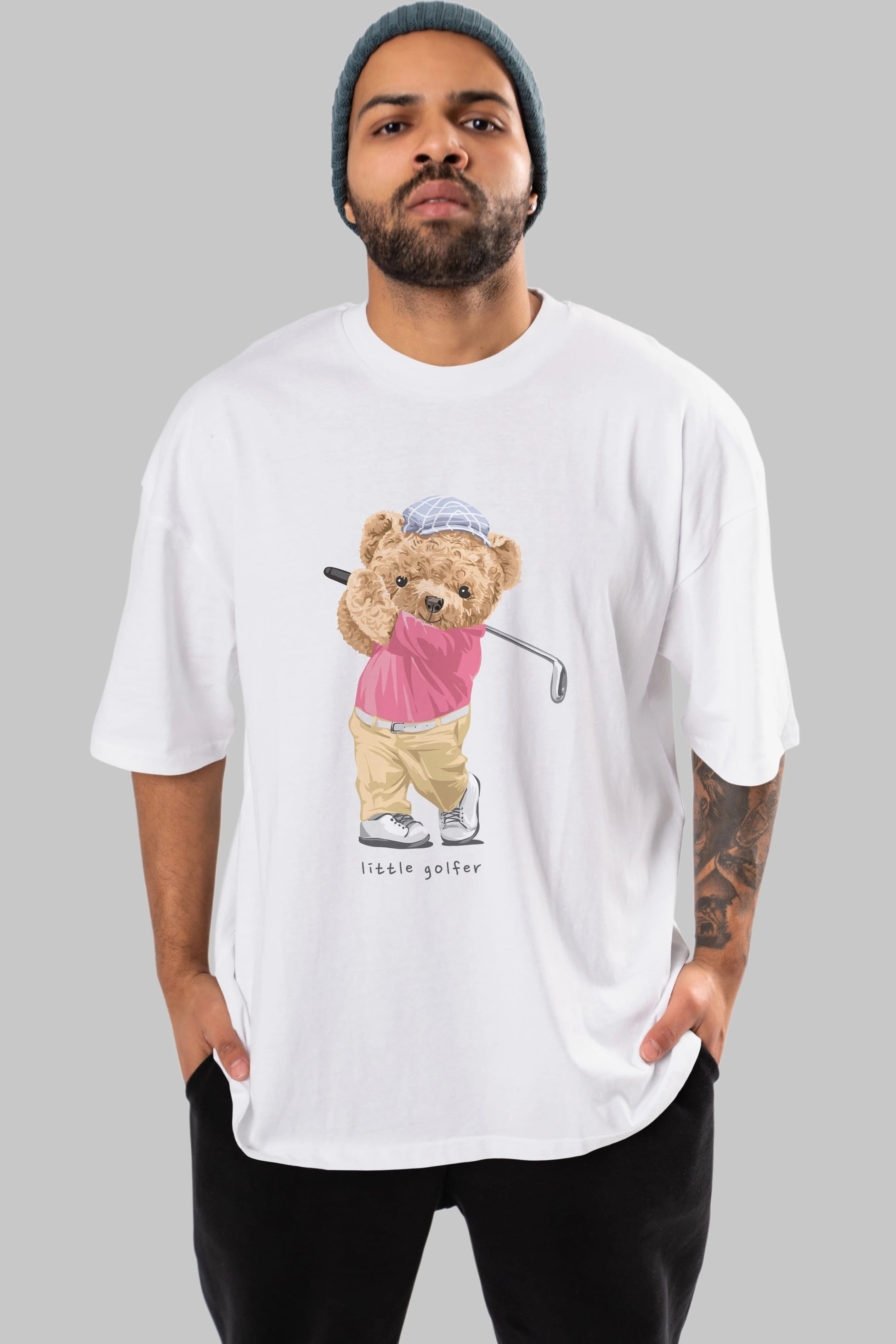 Teddy Bear Little Golfer Ön Baskılı Oversize t-shirt Erkek Kadın Unisex %100 Pamuk