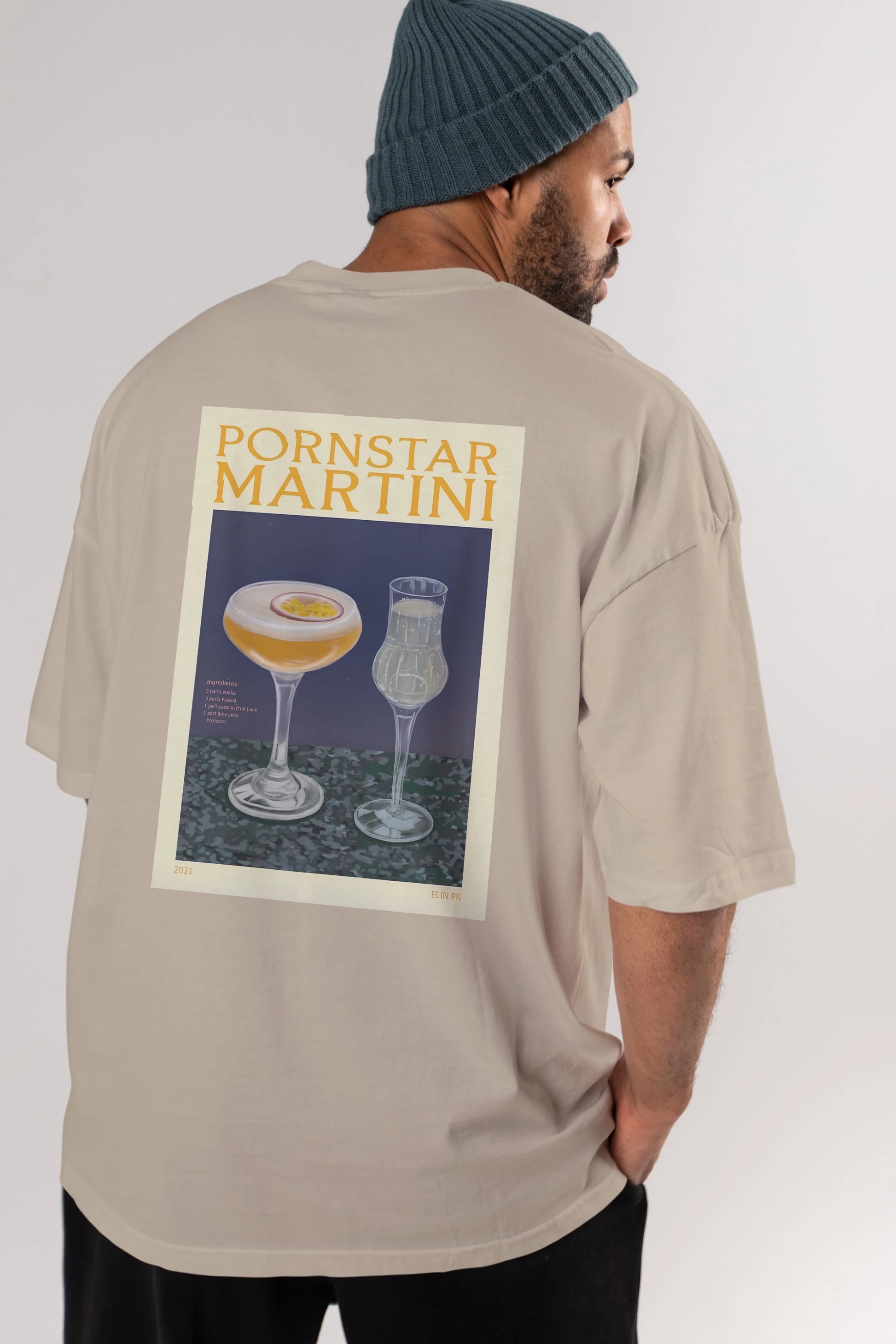 P.rnstar Martini Arka Baskılı Oversize t-shirt Erkek Kadın Unisex %100 Pamuk Bisiklet Yaka tişort