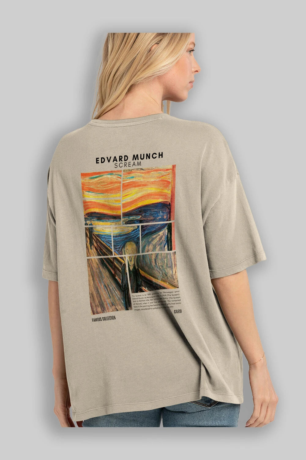 Edvard Munch Scream Arka Baskılı Oversize t-shirt Erkek Kadın Bisiklet Yaka Pamuk tişort
