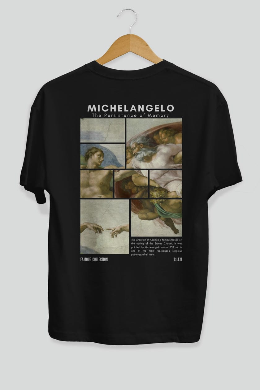 Michelangelo Arka Baskılı Oversize t-shirt Erkek Kadın Bisiklet Yaka Pamuk tişort