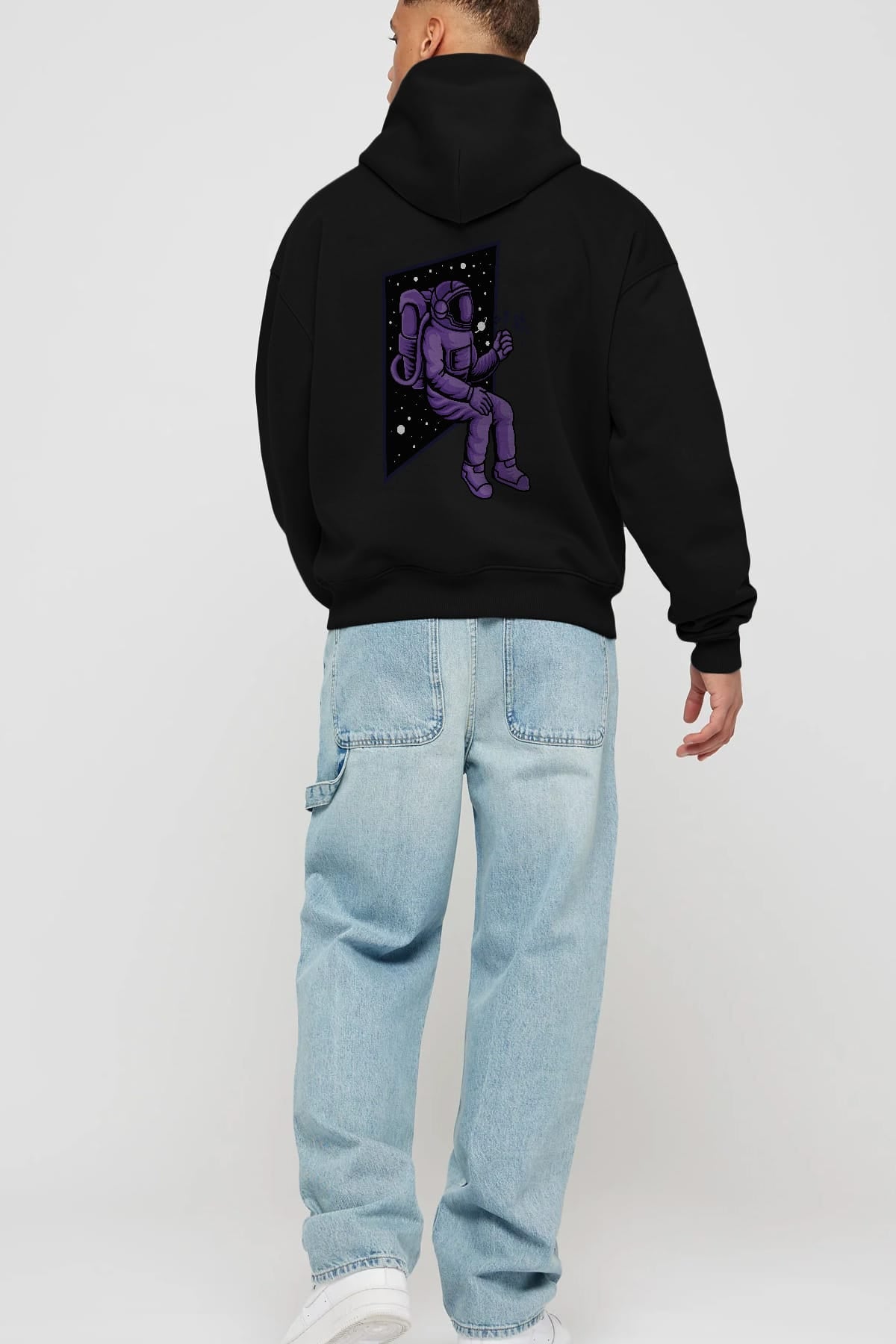 Astronaut holding black rose Arka Baskılı Hoodie Oversize Kapüşonlu Sweatshirt Erkek Kadın Unisex