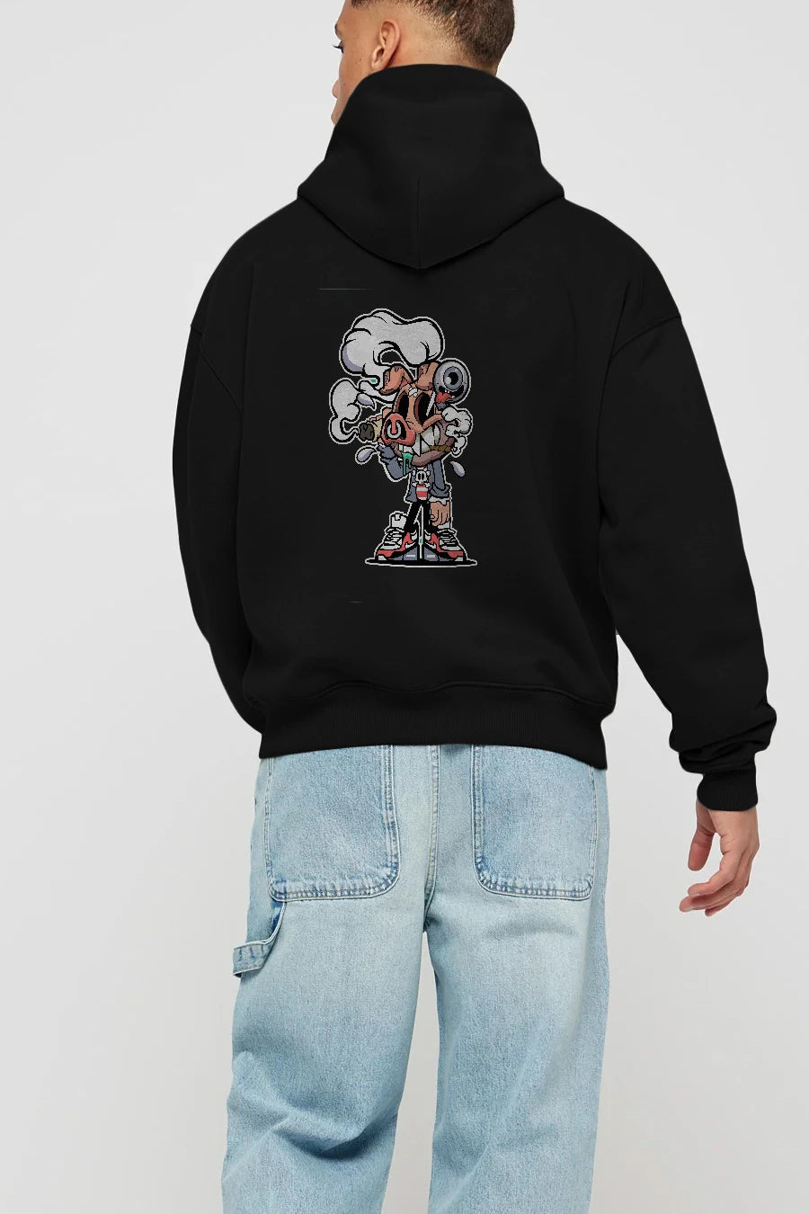 Pig Smoker Arka Baskılı Hoodie Oversize Kapüşonlu Sweatshirt Erkek Kadın Unisex