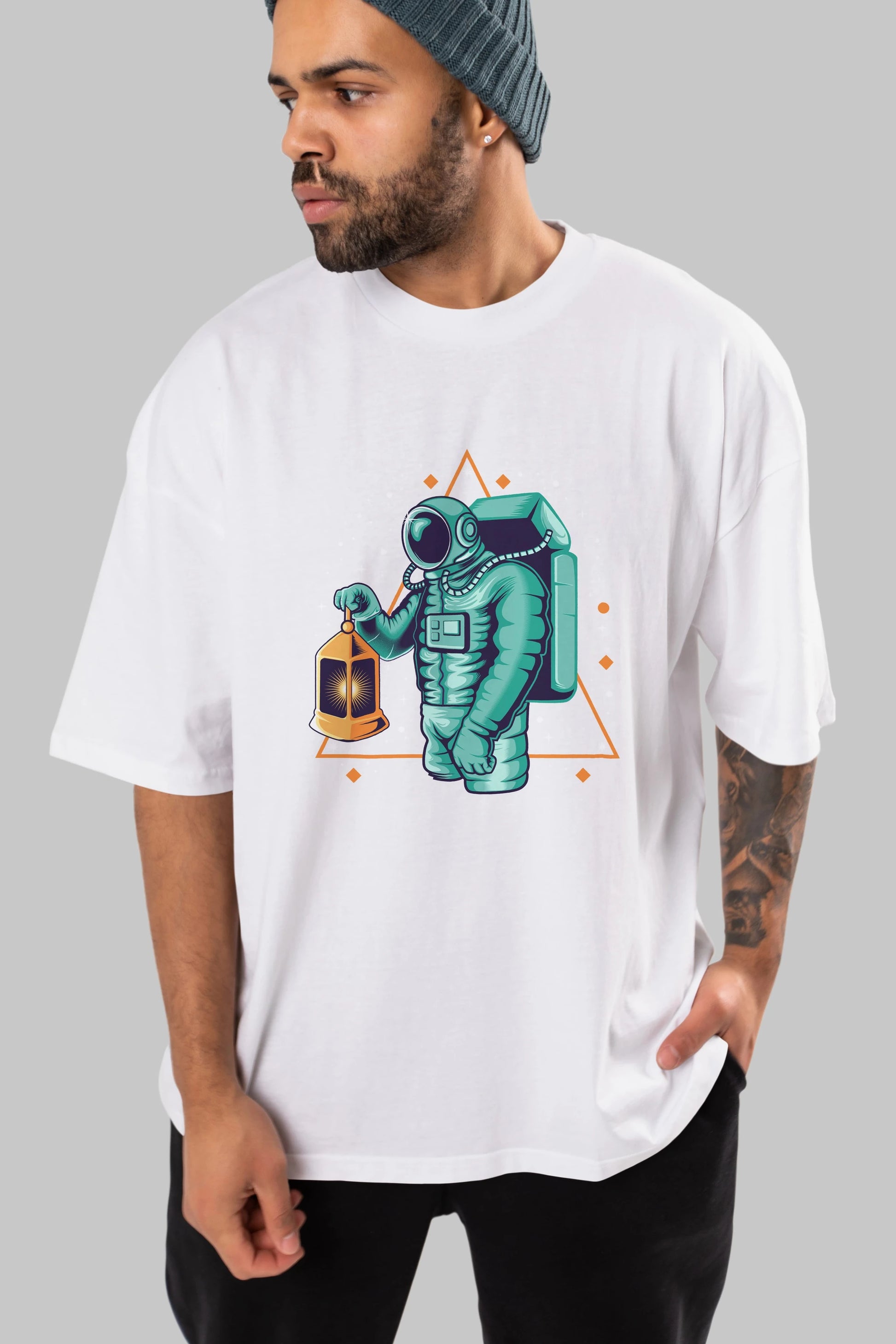 Astronaut Lantern Ön Baskılı Oversize t-shirt Erkek Kadın Unisex