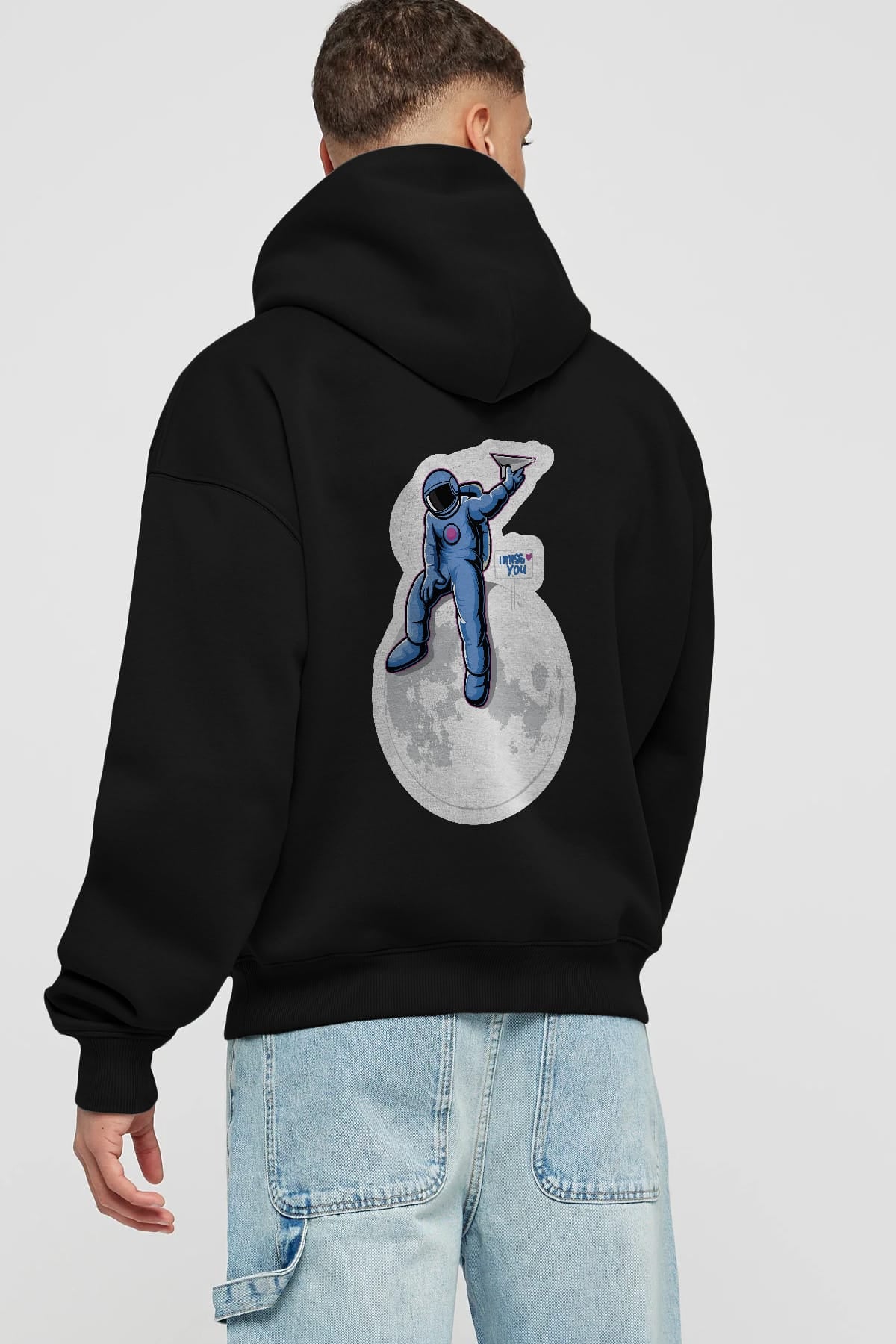 Astro Missing Earth Sticker Arka Baskılı Hoodie Oversize Kapüşonlu Sweatshirt Erkek Kadın Unisex