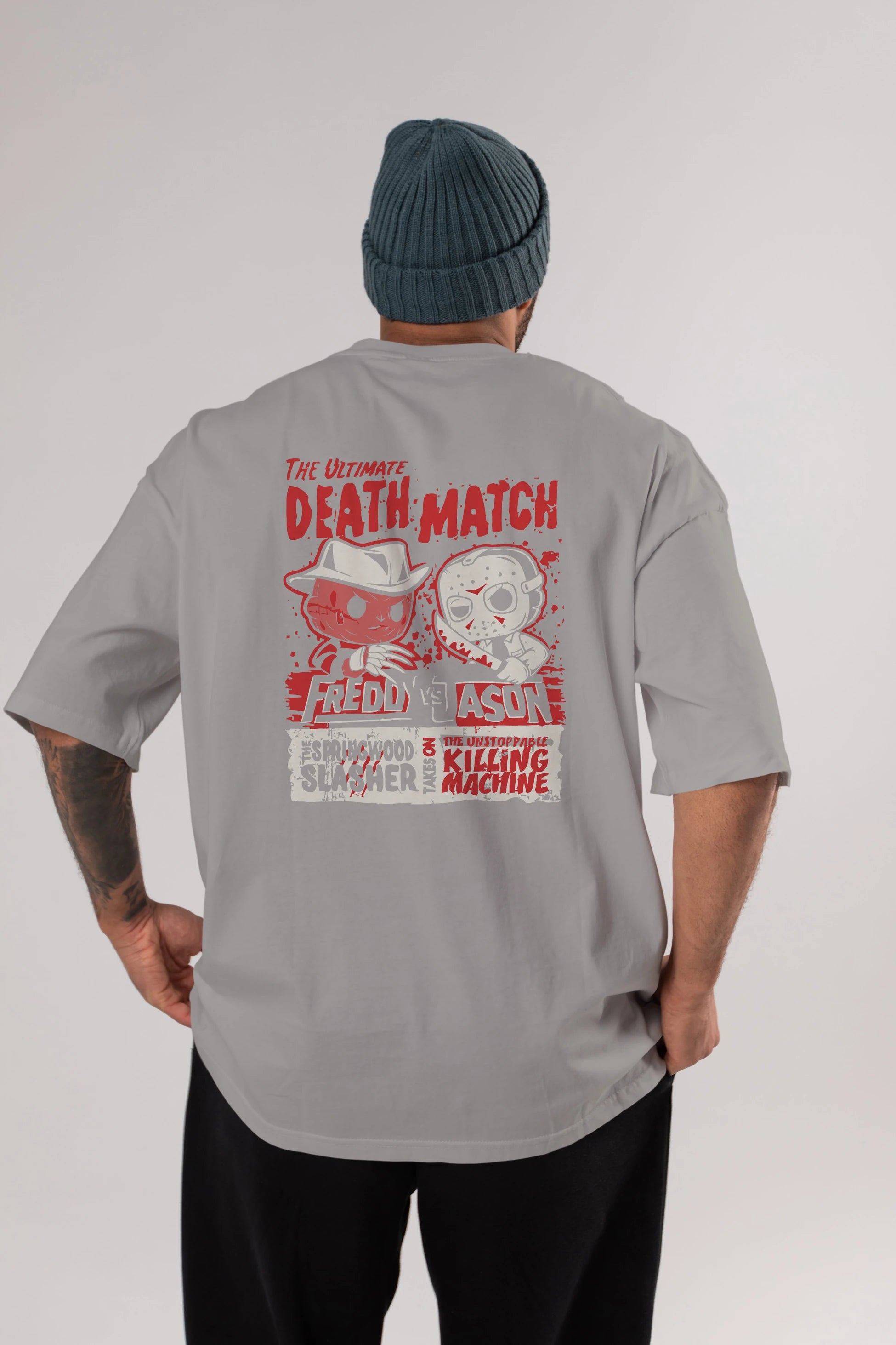 Freddy vs Jason Arka Baskılı Oversize t-shirt Erkek Kadın Unisex %100 Pamuk Bisiklet Yaka tişort