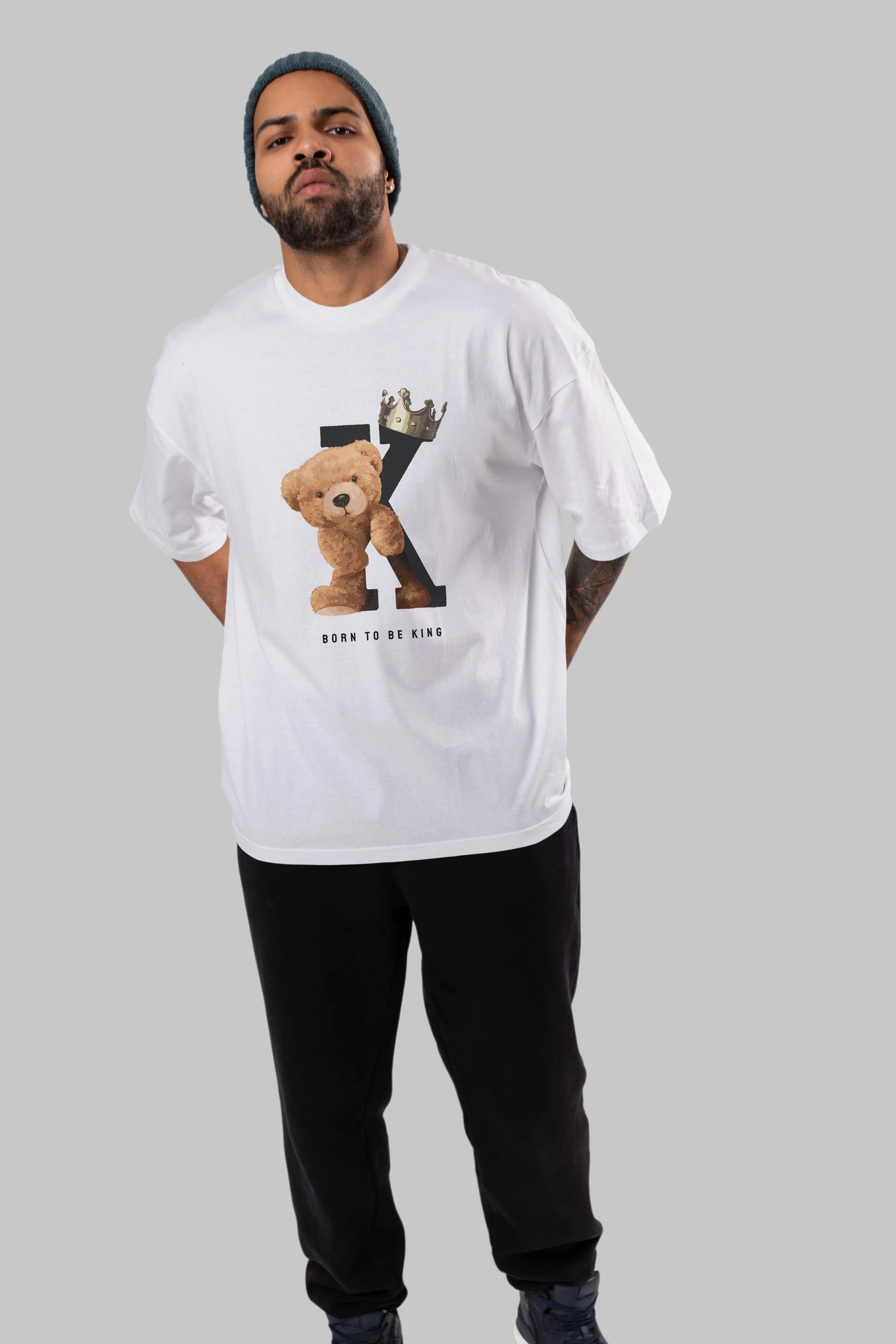 Teddy Bear Born To Be King Ön Baskılı Oversize t-shirt Erkek Kadın Unisex %100 Pamuk