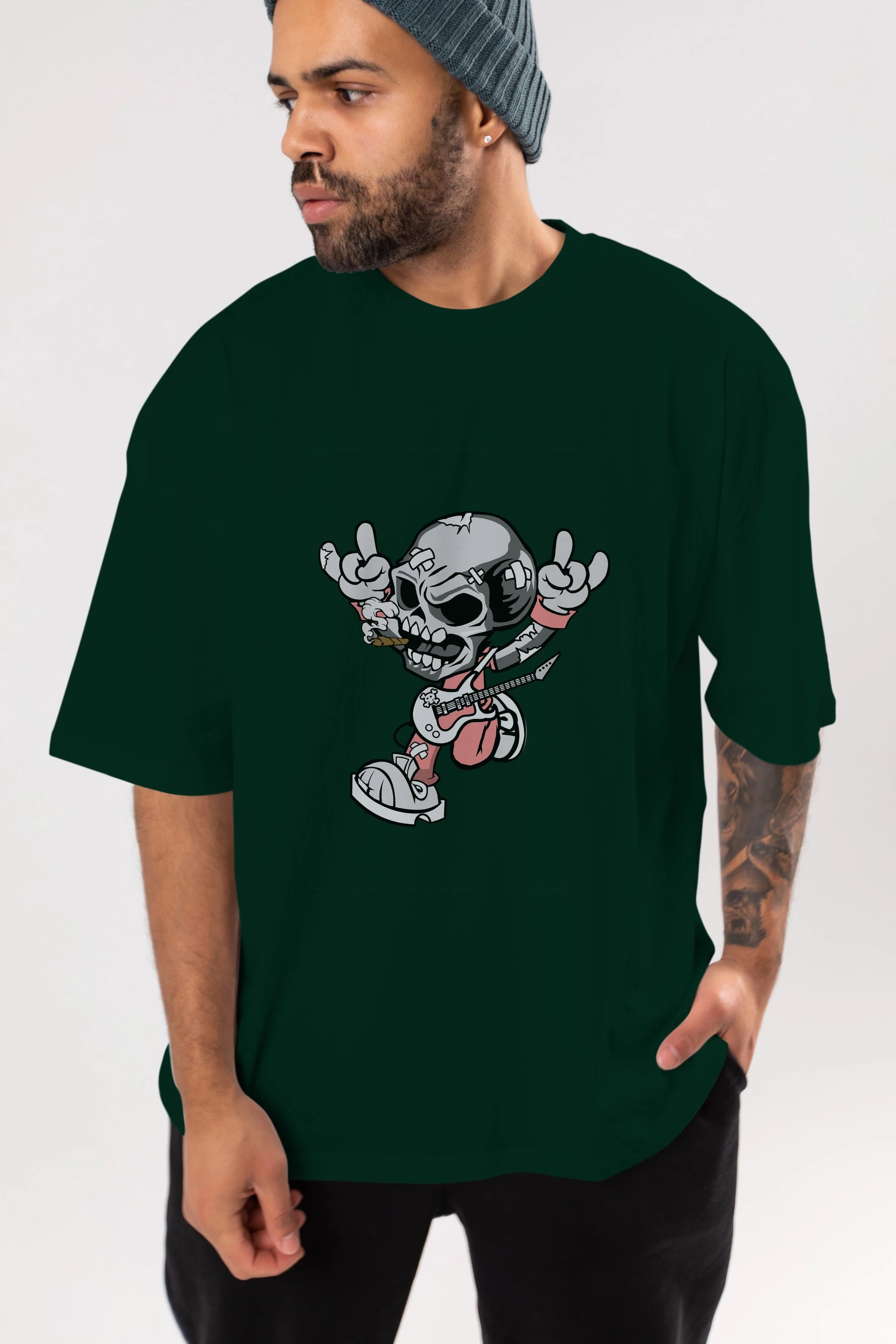 Skull Metal Sign Ön Baskılı Oversize t-shirt Erkek Kadın Unisex %100 Pamuk tişort