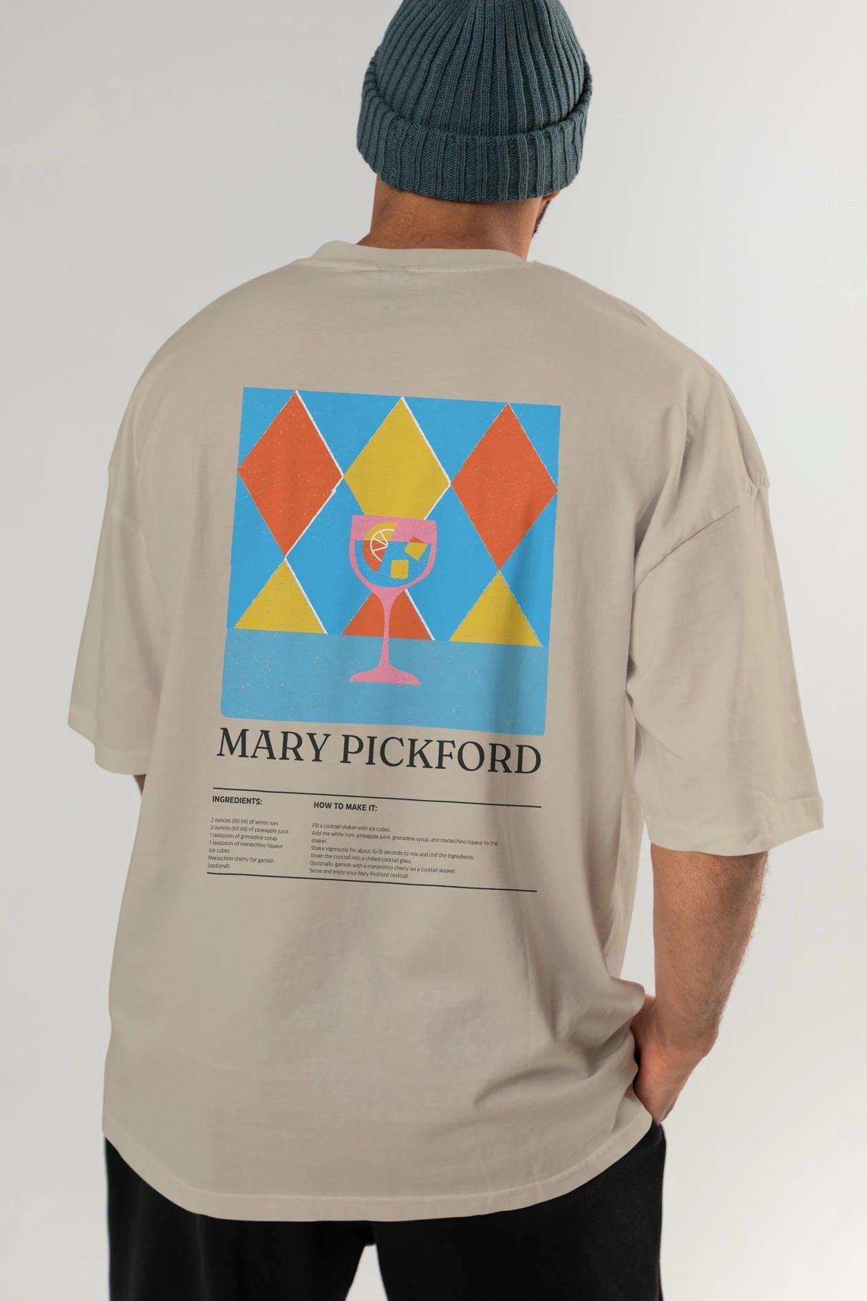 Mary Pickford Kokteyl Serisi Arka Baskılı Oversize t-shirt Erkek Kadın %100 Pamuk Bisiklet Yaka tişort