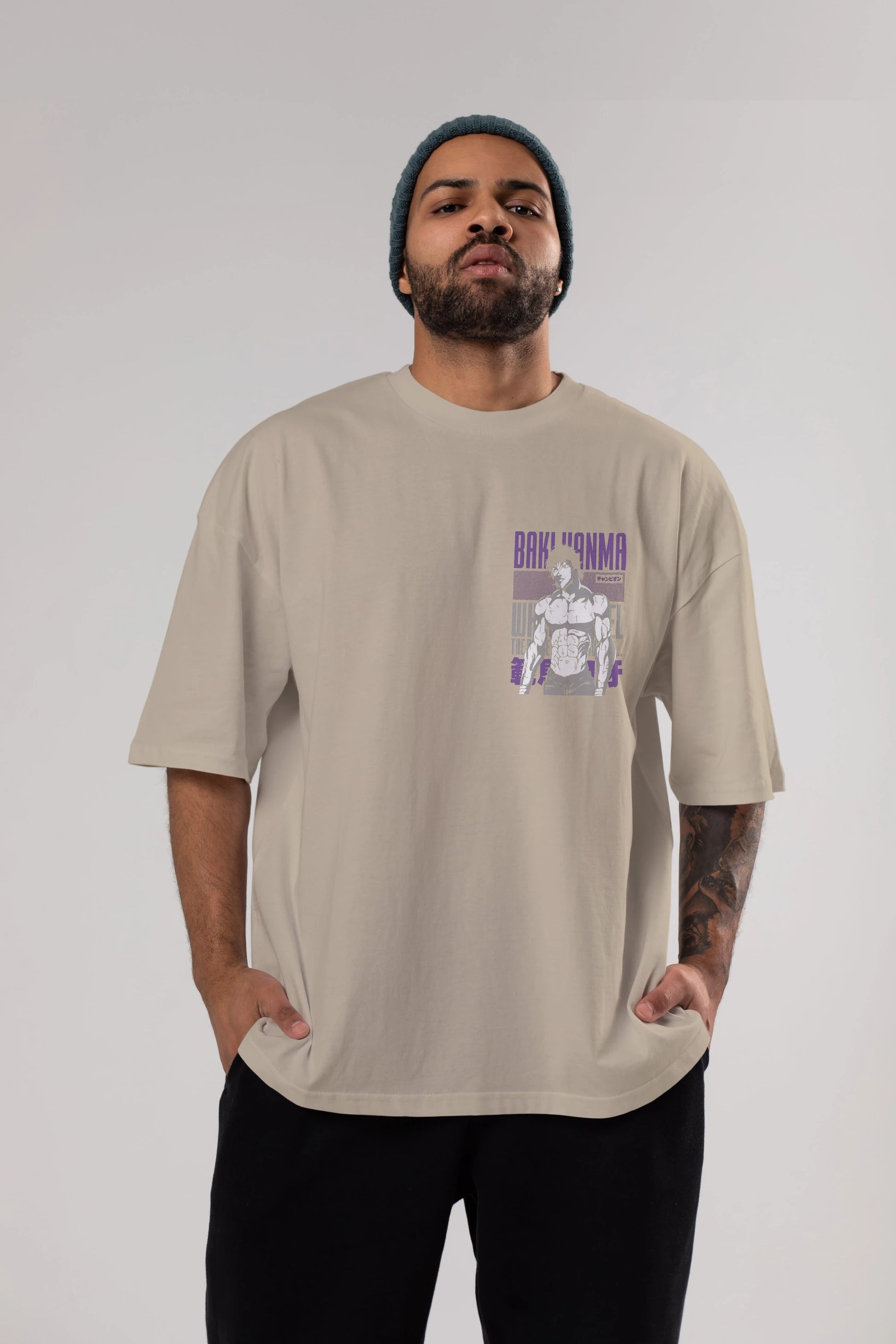 BAKI HANMA (2) Ön Sol Baskılı Oversize t-shirt Erkek Kadın Unisex %100 Pamuk Bisiklet Yaka tişort