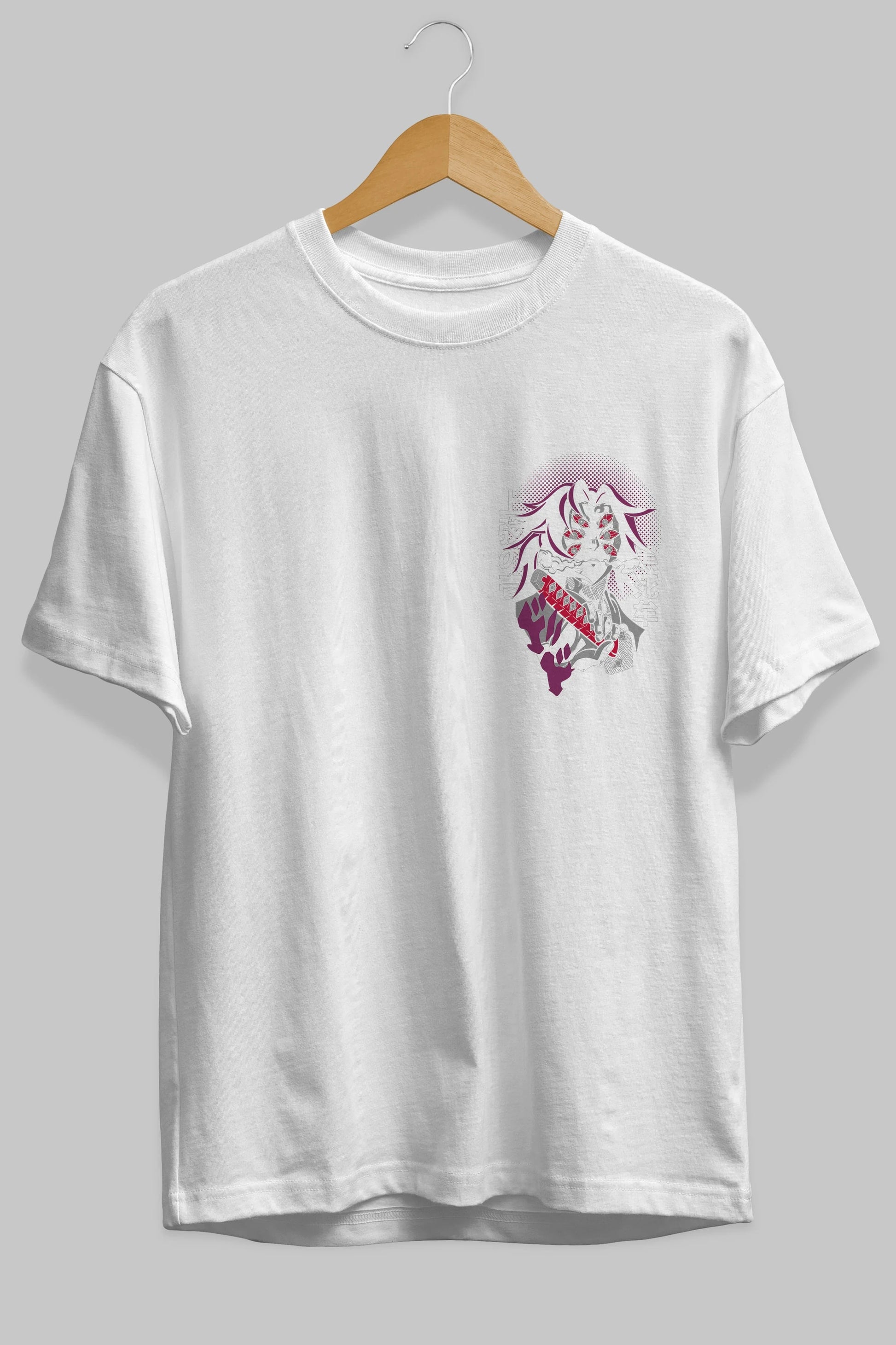 Kokushibo Ön Sol Baskılı Oversize t-shirt Erkek Kadın Unisex %100 Pamuk Bisiklet Yaka tişort