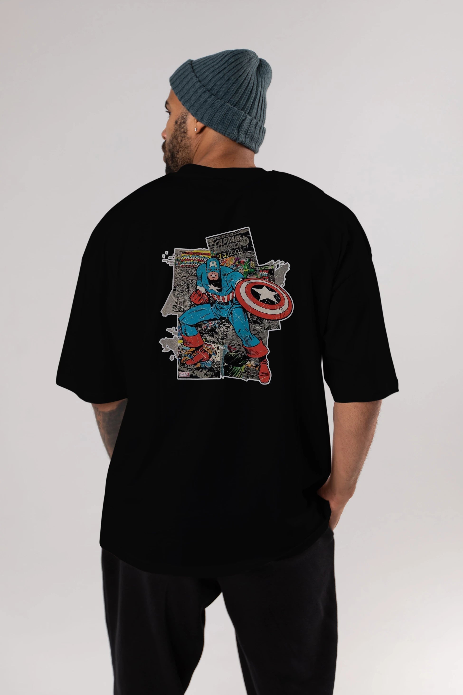 Captain America (2) Arka Baskılı Oversize t-shirt Erkek Kadın Unisex %100 Pamuk Bisiklet Yaka tişort