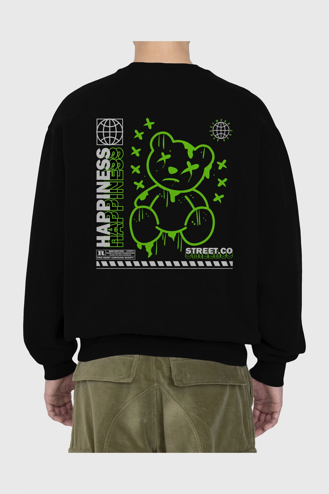 Happiness Bear 3 Arka Baskılı Oversize Sweatshirt Erkek Kadın Unisex