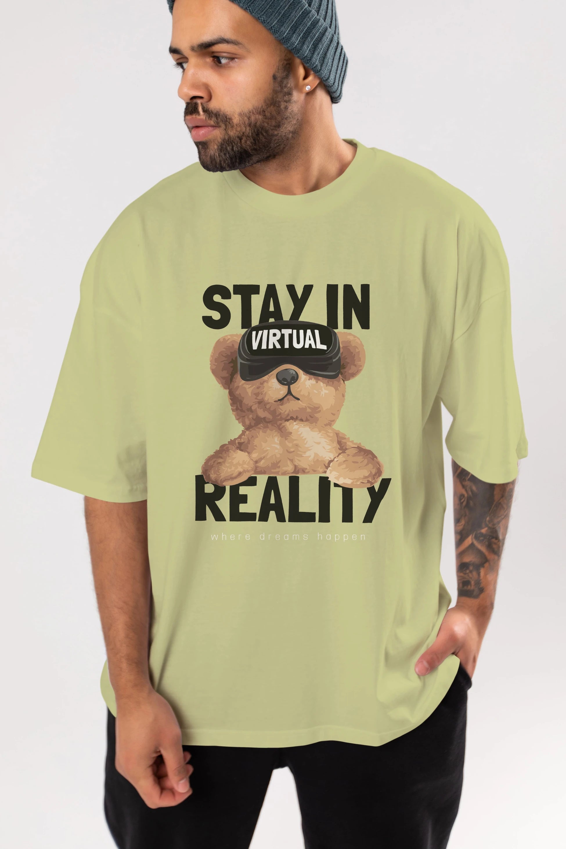 Teddy Stay In Reality Ön Baskılı Oversize t-shirt Erkek Kadın Unisex %100 Pamuk
