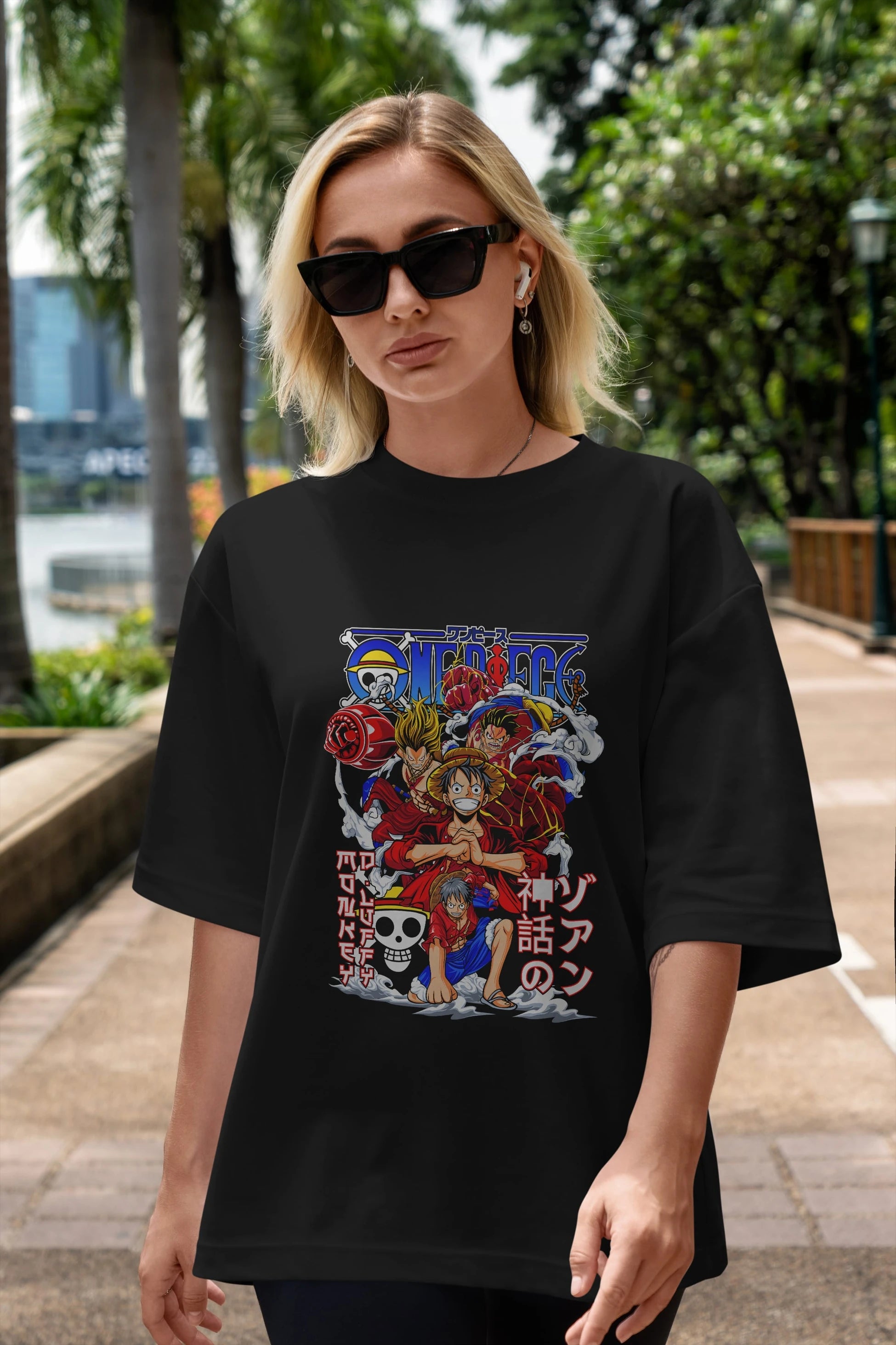 MONKEY D. LUFF-ONE PIECE 2 Anime Ön Baskılı Oversize t-shirt %100 pamuk Erkek Kadın Unisex