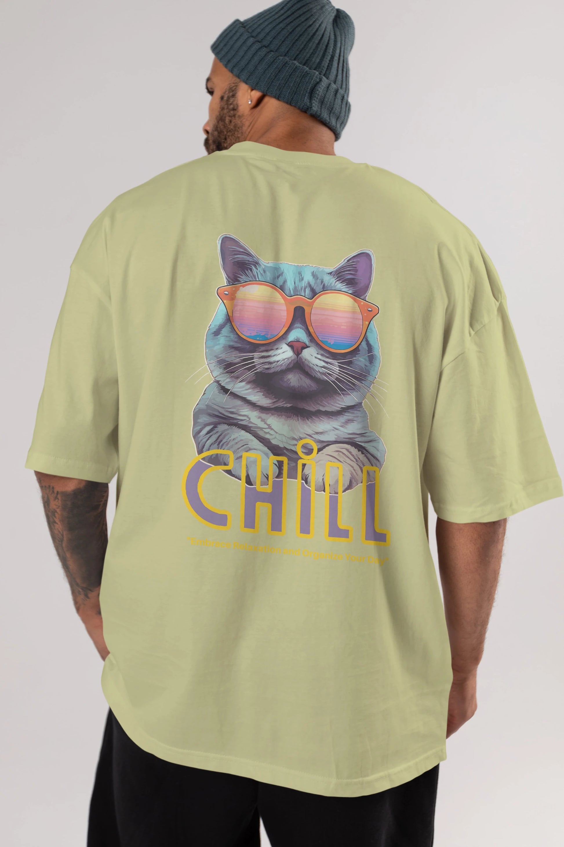 Chill Cat Arka Baskılı Oversize t-shirt Erkek Kadın Unisex