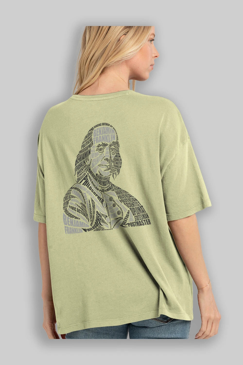 Benjamin Franklin Calligram Arka Baskılı Oversize t-shirt %100 pamuk Erkek Kadın Unisex