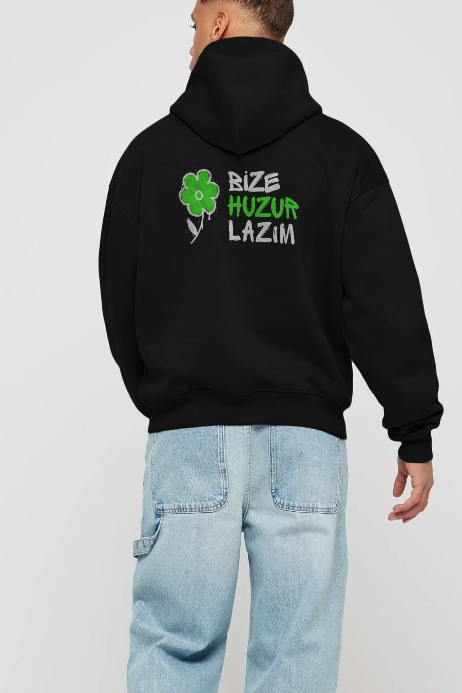 Bize Huzur Lazım Arka Baskılı Oversize Hoodie Kapüşonlu Sweatshirt Erkek Kadın Unisex