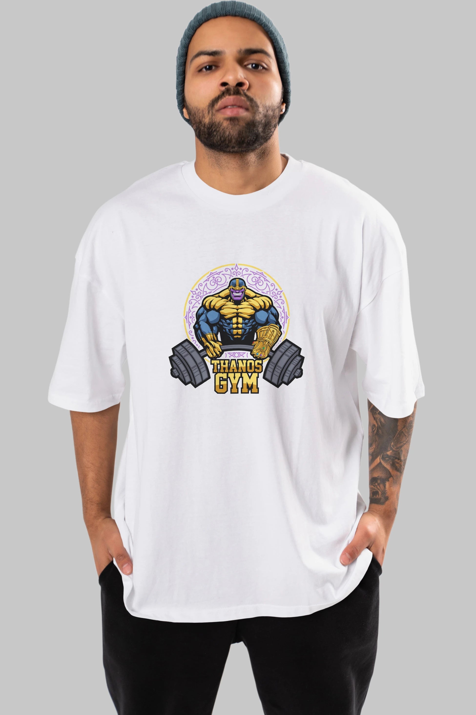 Thanos GYM Ön Baskılı Oversize t-shirt Erkek Kadın Unisex %100 Pamuk Bisiklet Yaka tişort