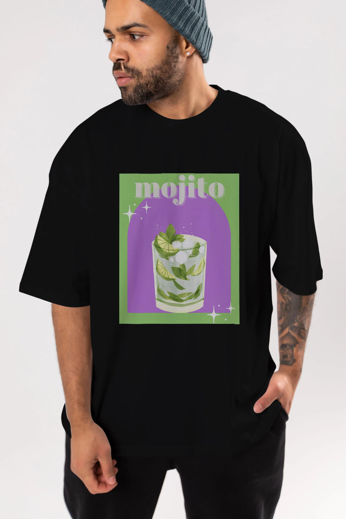 Mojito 3 Ön Baskılı Oversize t-shirt Erkek Kadın Unisex %100 Pamuk Bisiklet Yaka tişort