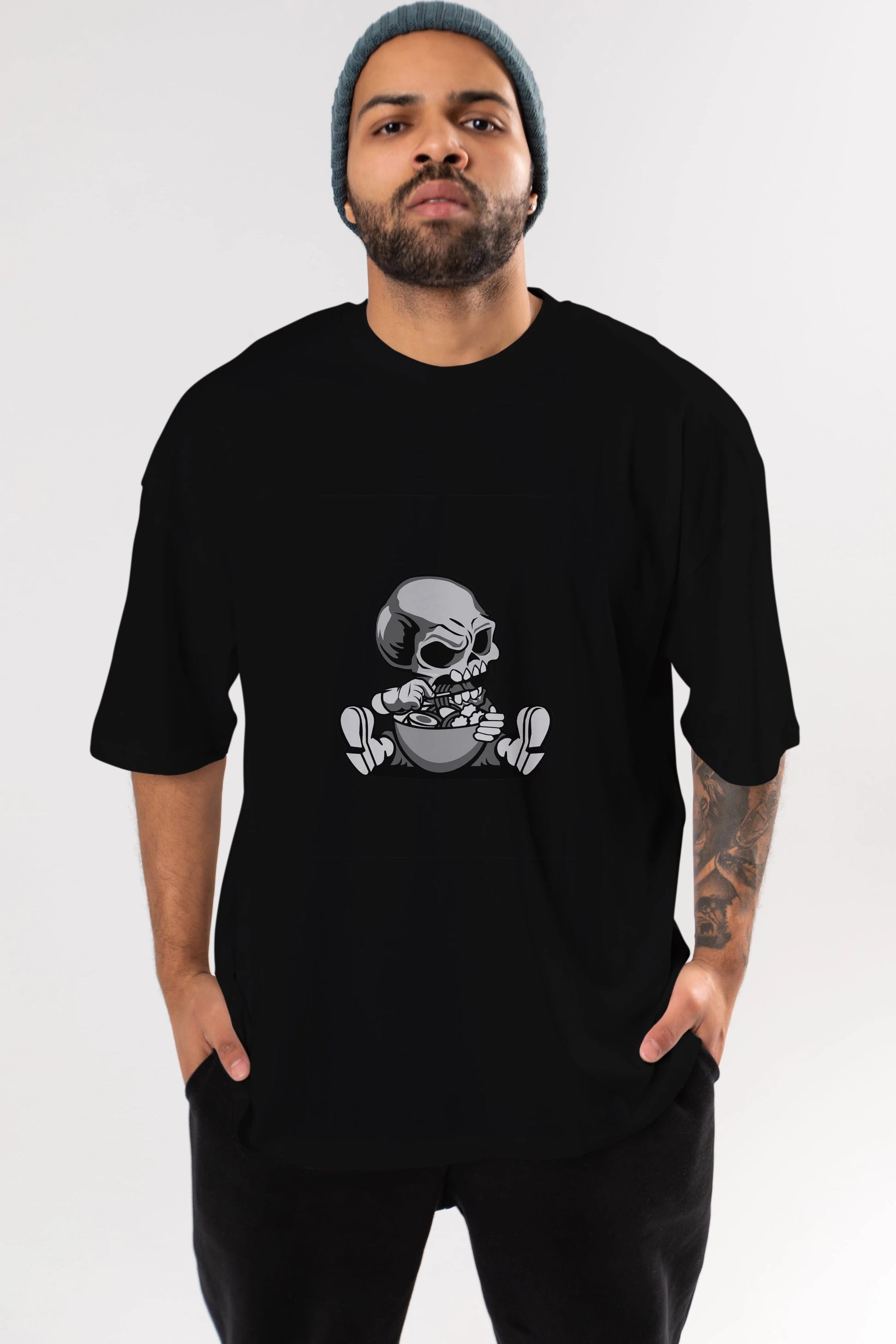 Skull Eat Ramen Ön Baskılı Oversize t-shirt Erkek Kadın Unisex %100 Pamuk tişort