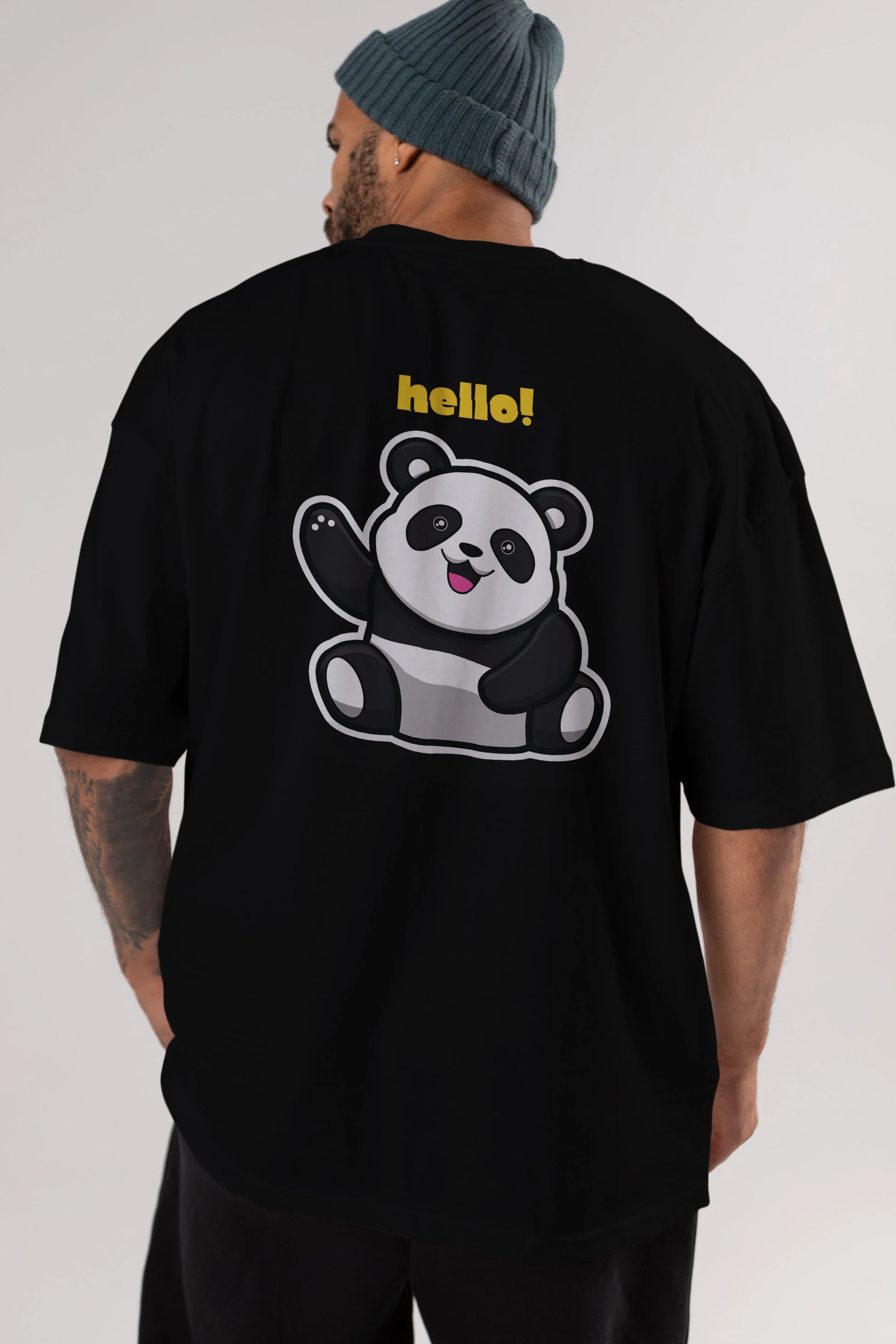 Hello Panda Arka Baskılı Oversize t-shirt Erkek Kadın Unisex