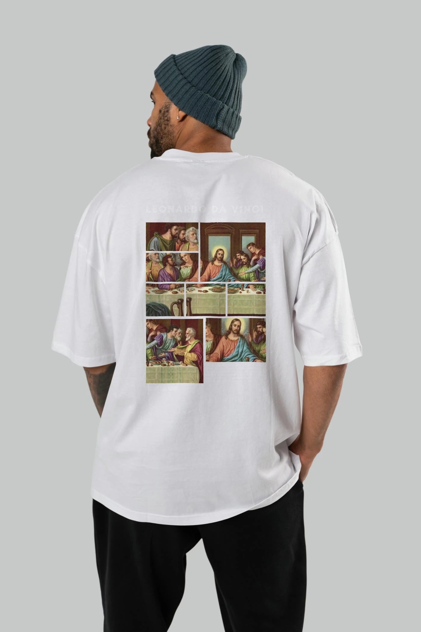 Leonardo Da Vinci Arka Baskılı Oversize t-shirt Erkek Kadın Bisiklet Yaka Pamuk tişort