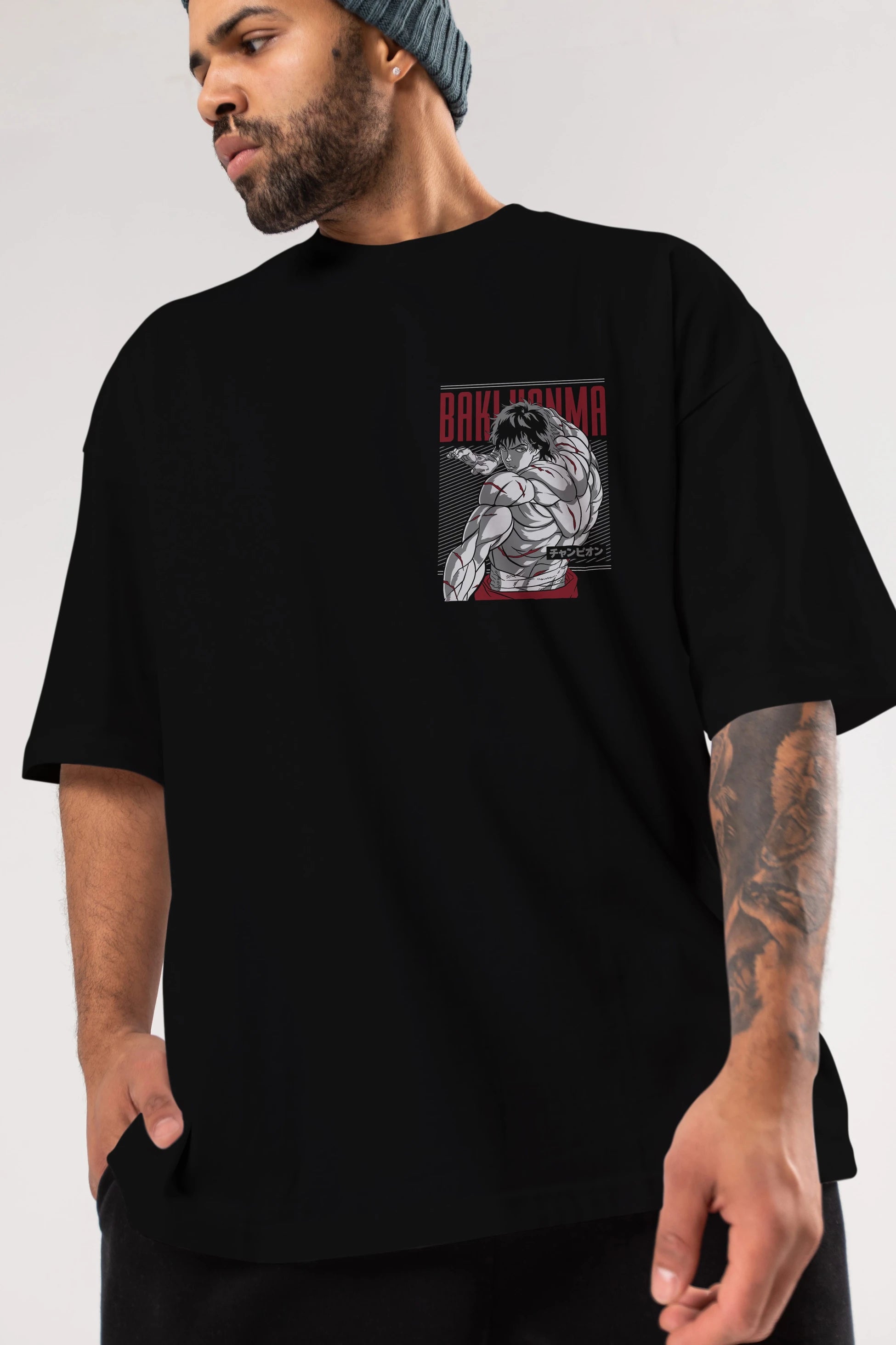 BAKI HANMA Ön Sol Baskılı Oversize t-shirt Erkek Kadın Unisex %100 Pamuk Bisiklet Yaka tişort