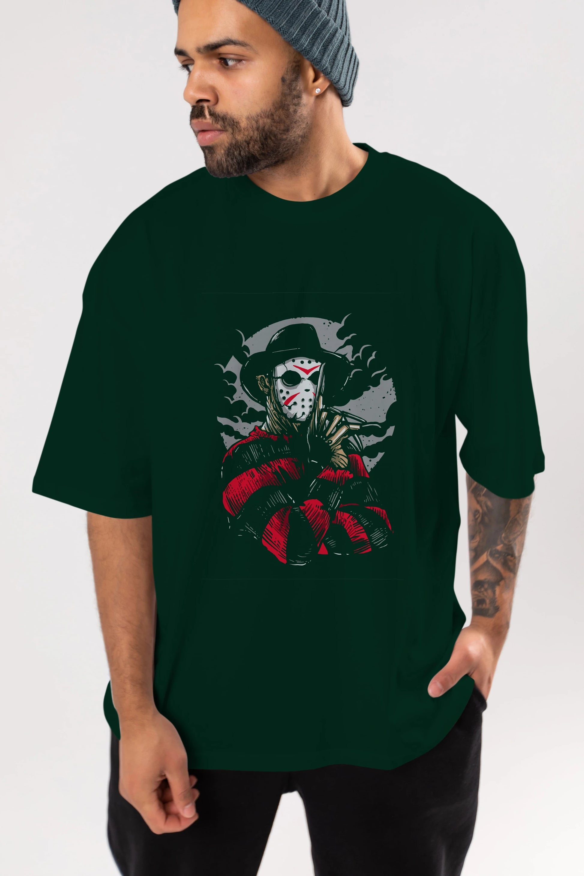 Freddy VS Jason (2) Ön Baskılı Oversize t-shirt Erkek Kadın Unisex %100 Pamuk tişort