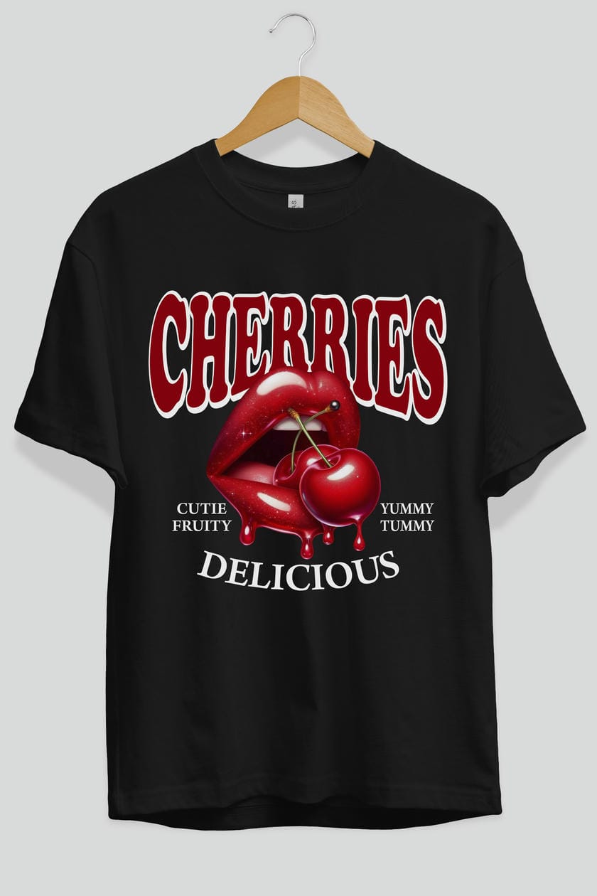 Cherry Cherries 2 Ön Baskılı Oversize t-shirt Erkek Kadın Pamuk Bisiklet Yaka tişort
