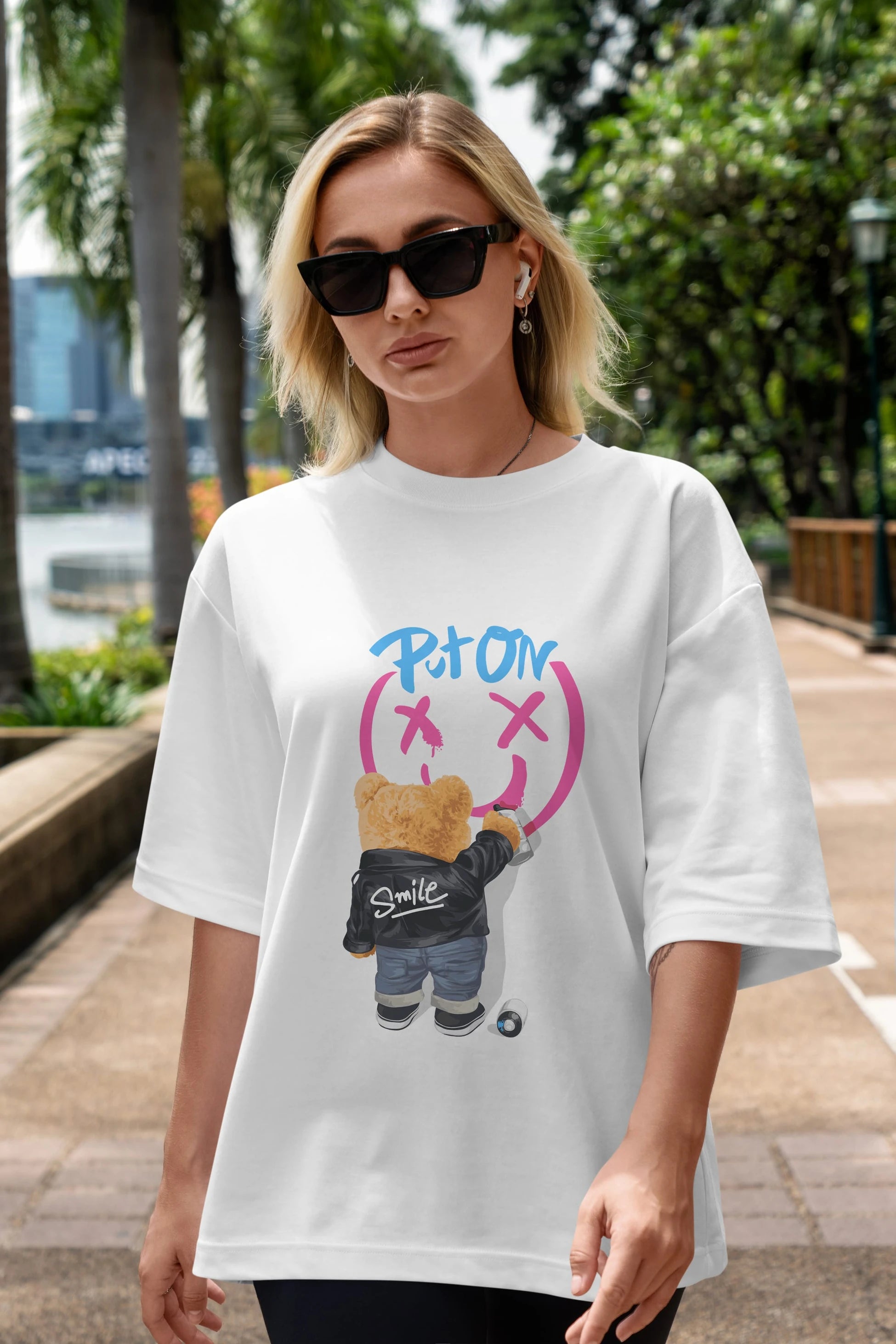 Put on Smile Bear Ön Baskılı Oversize t-shirt Erkek Kadın Unisex