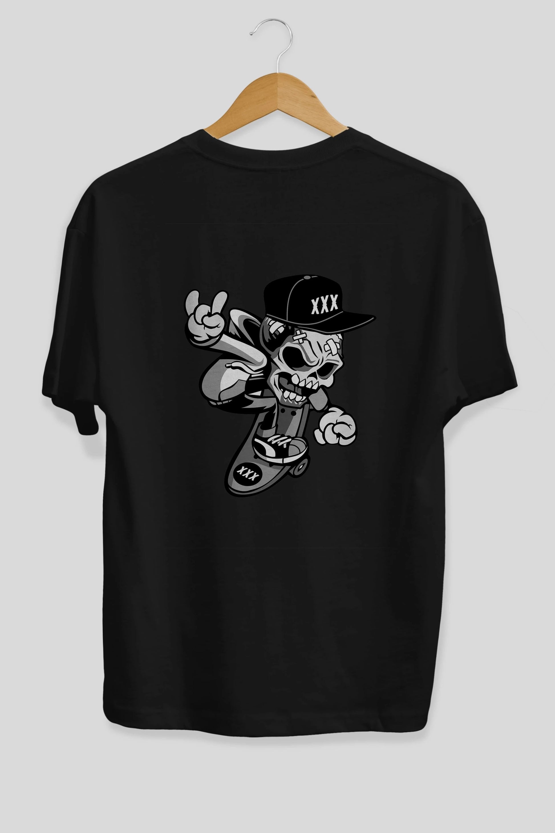 Skull Skateboard Arka Baskılı Oversize t-shirt Erkek Kadın Unisex %100 Pamuk tişort